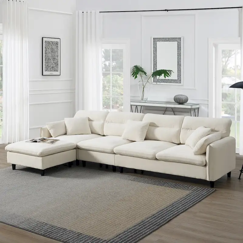 110-Inch L-Shaped 5-Seater Sectional Sofa with Removable Ottoman, Cloud Chenille Fabric, and 5 Cushions