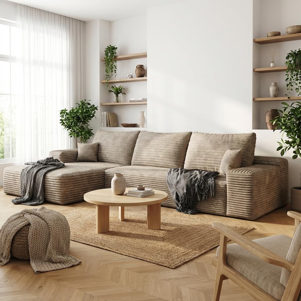 135" Oversized Compressed Sectional Sofa - 33D High-Density Foam Cloud Couch with Deep Seat - Minimalist 3-Piece Corduroy Upholstered Boneless Modular Lounge Couch | Breathable material, Full Foam, Anti-slip