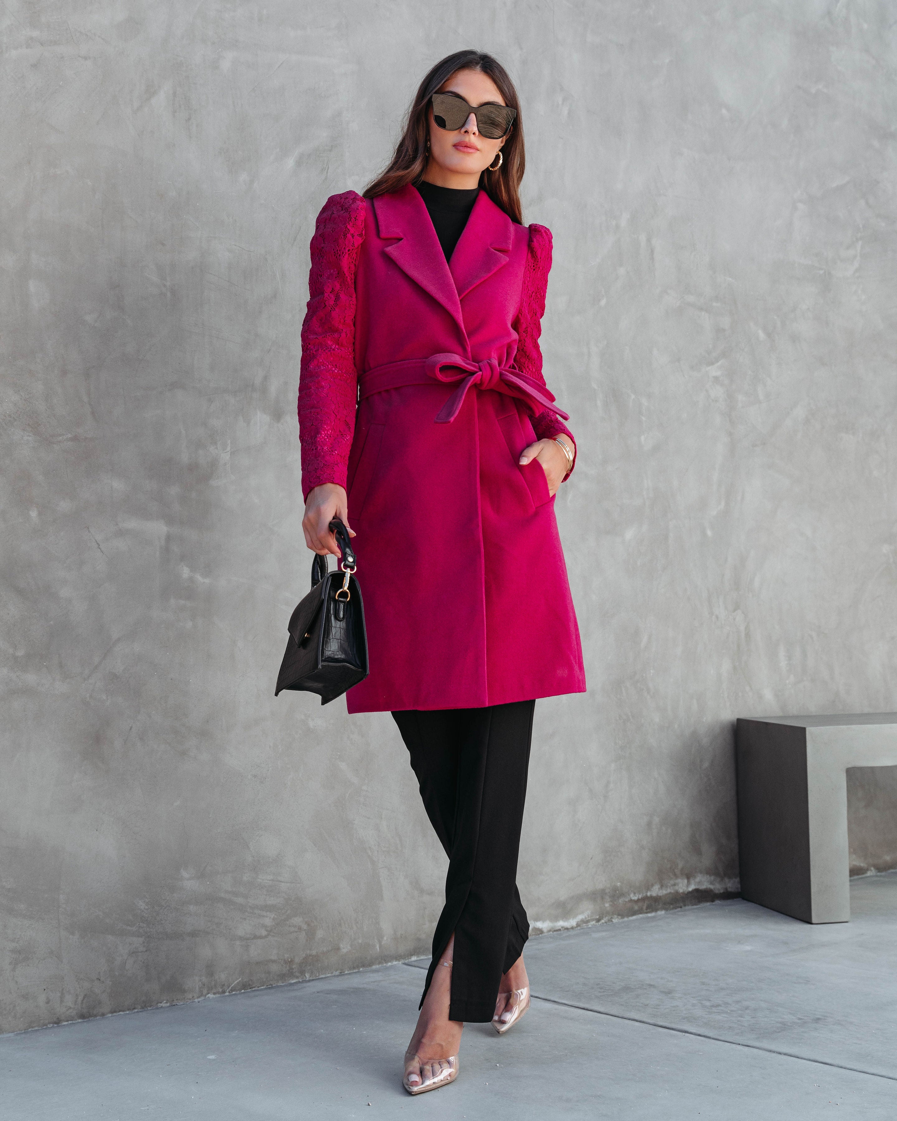Eileen Pocketed Lace Sleeve Coat - Berry - Se7enfashion