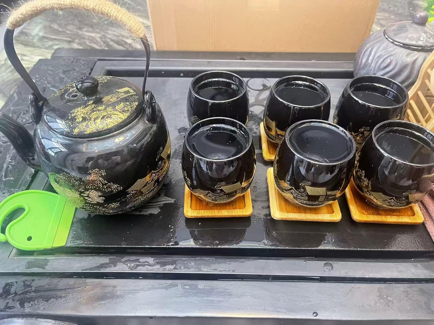 Gift Set Japanese Tea Set, Asian Black Glazed Ceramic Tea Set - Contains 1 Teapot, 1 Tea Strainer and 6 Teacups. Ideal for Home, Outdoor, Office (Black2)
