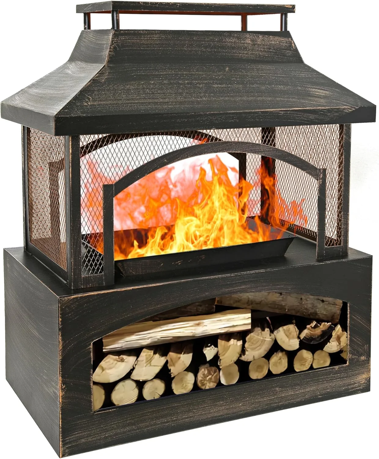 Large Outdoor Wood Burning Fireplace, house shape Outdoor Log Burner Fire Pit with Log Grate and Poker, 37" x 32" x 18" Large Metal Firepit for Patio Garden Backyard, Black - Image 6