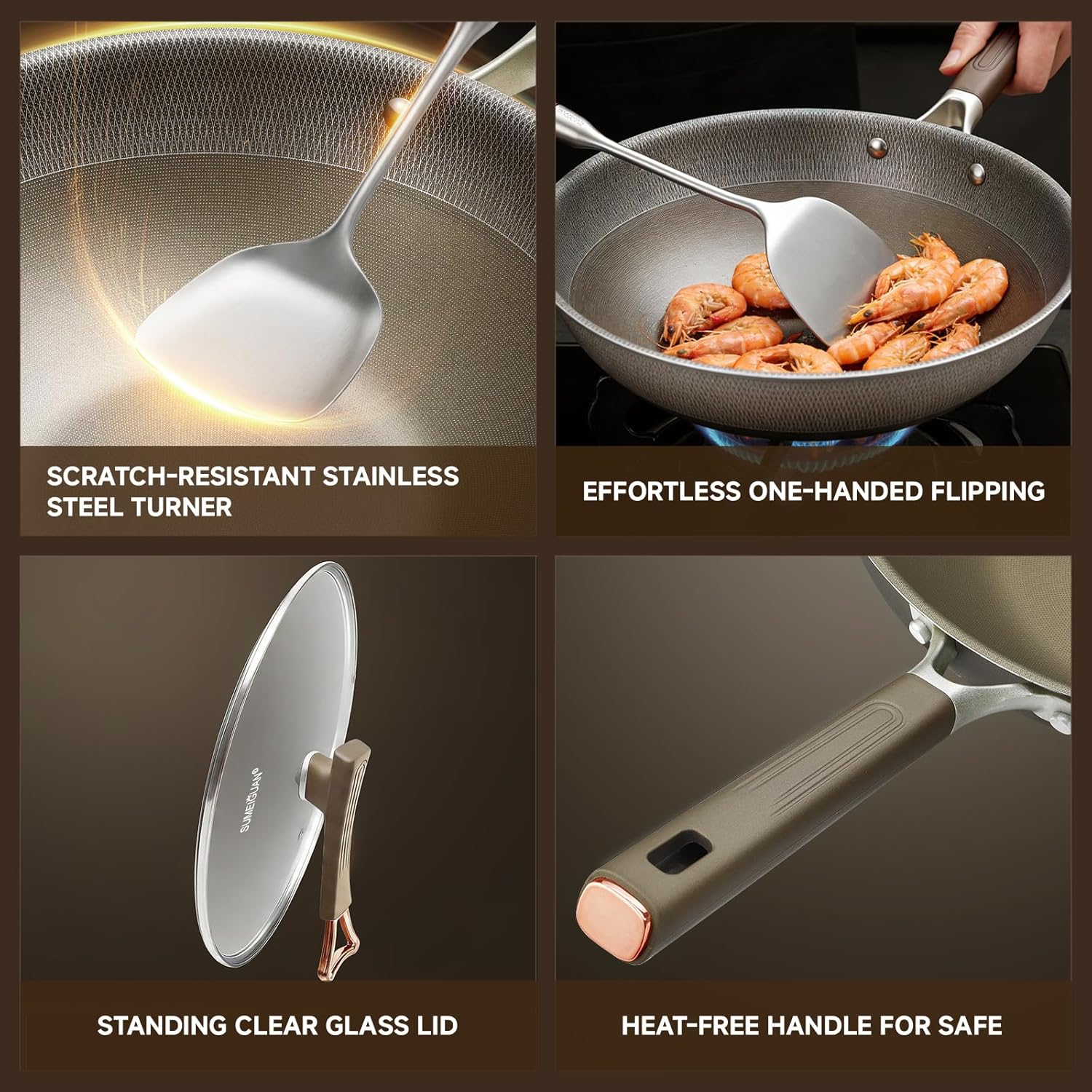 13 Inch Titanium Wok Pan with Lid - Non Stick Frying Pan, Extended Cool-Touch Handle, PFAS/PFOA/PTFE Free Flat Bottom Wok, Dishwasher Safe, Works on All Stovetops Including Induction