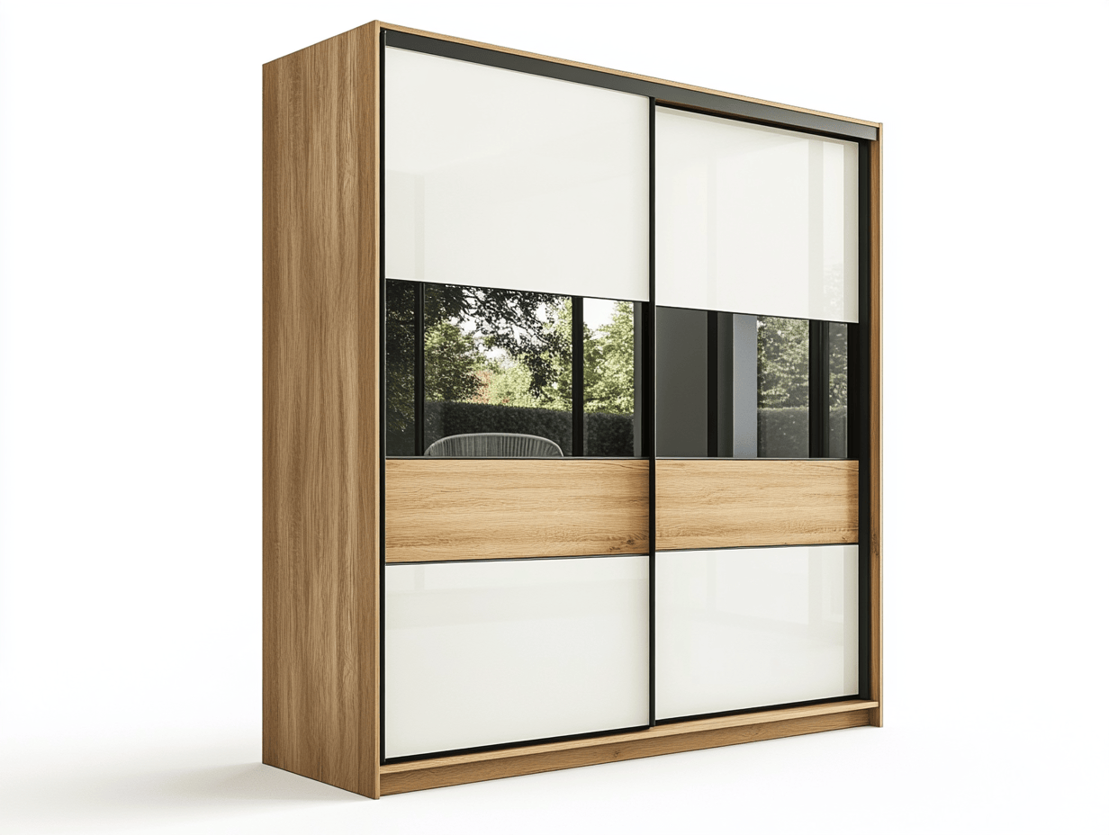 Armario con puertas correderas 200×65×210 cm – combinación de blanco brillante, roble natural y vidrio negro – diseño geométrico moderno – para dormitorio contemporáneo