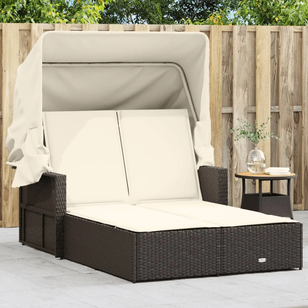 vidaXL Powder Coated Steel Removable Canopy and Cushions Double Sun Lounger, Beige - Image 24