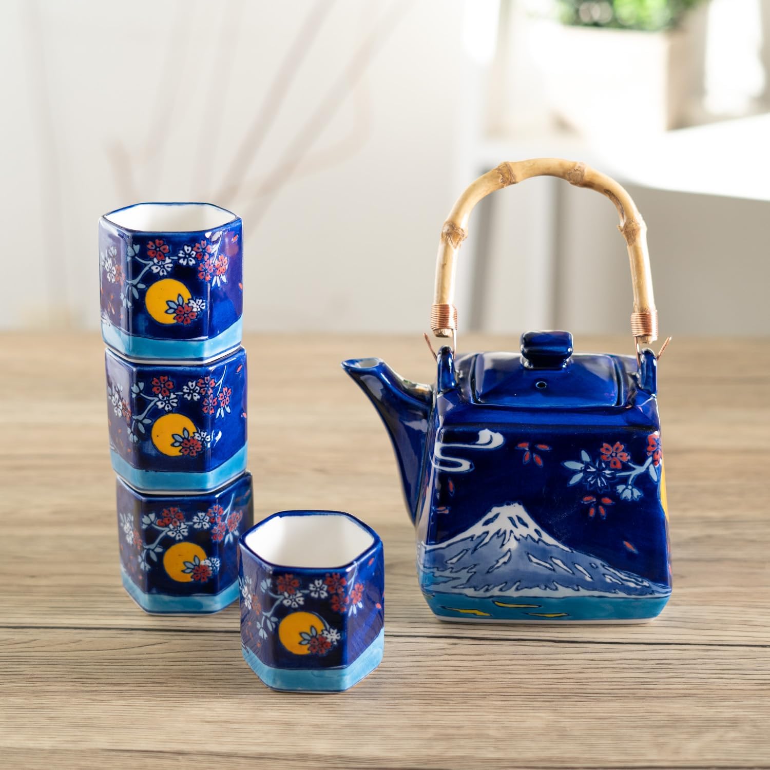 Urban Tokyo Japanese Style Cube Shape 20oz Porcelain Tea Set Teapot with Strainer, Wooden Handle and 4 Hexagon Tea Cups, Fujiyama Mount Fuji Design