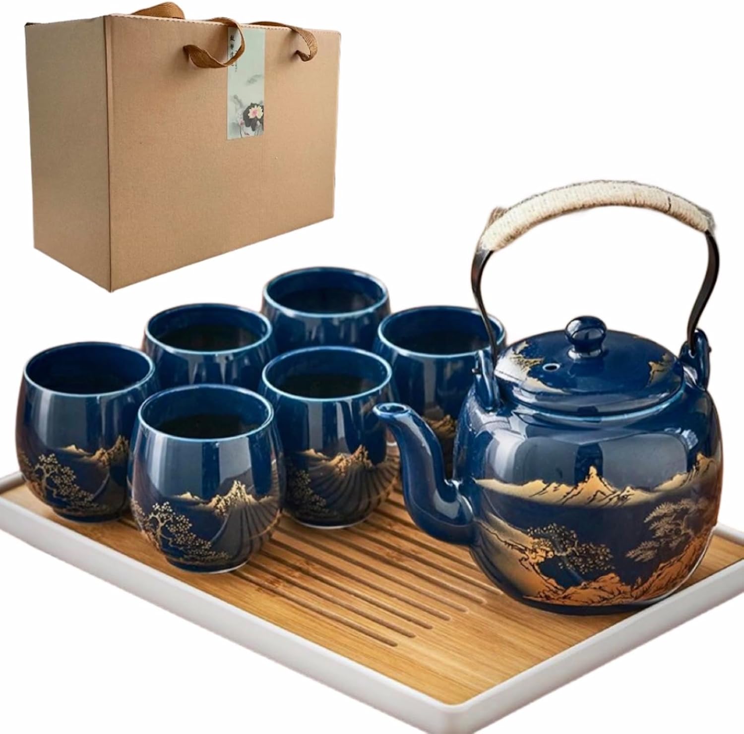 Japanese Tea Set of 6, 40oz Blue Porcelain Teapot and 6 Cups, Gold Hand-Painted Teaware with Stainless Steel Infuser and Tray, Traditional Style Gift for Tea Lovers, Mother's Day, Birthday