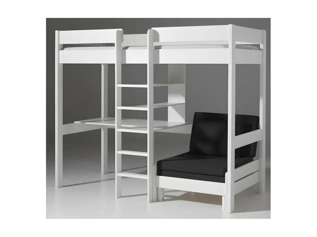Cama alta 90x200 con base y sillones - Pino - Blanco djy480681