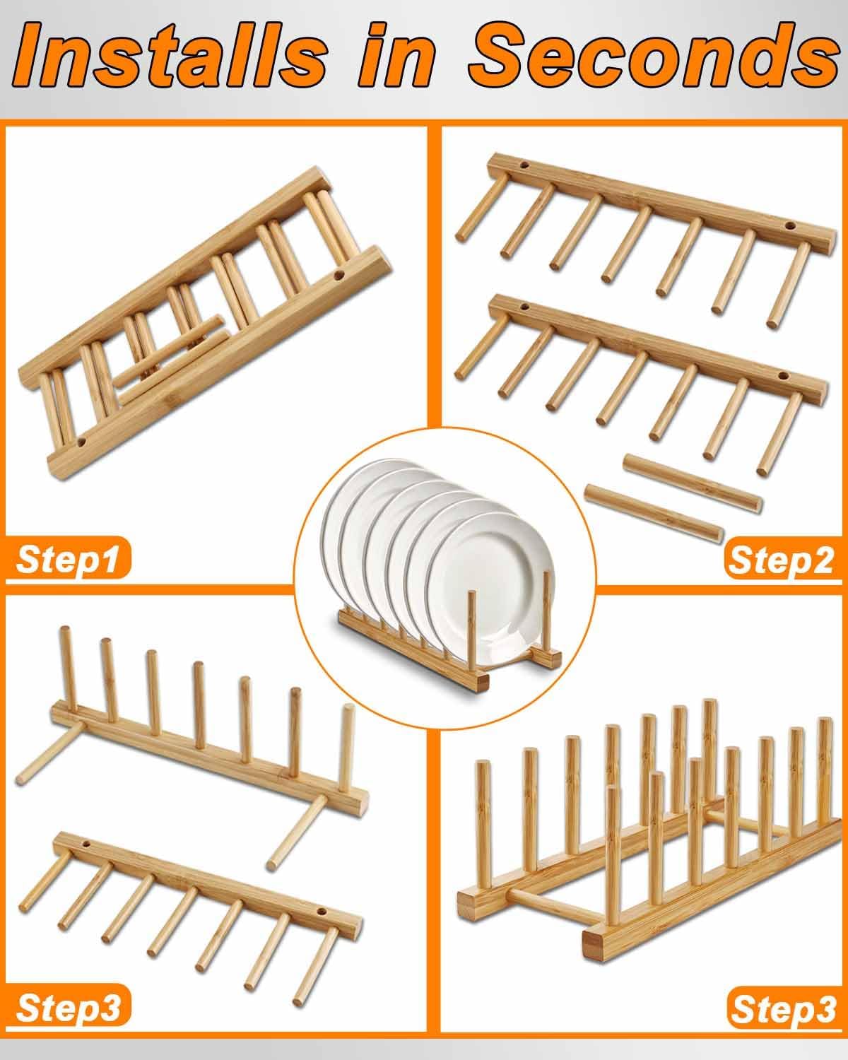Bamboo Dish Rack, Stylish Vertical Wooden Plate Holder & Drainer, Multi-Purpose Kitchen Cabinet Organizer for Dishes, Pots, Lids, Bowls, Cups & Cutting Boards