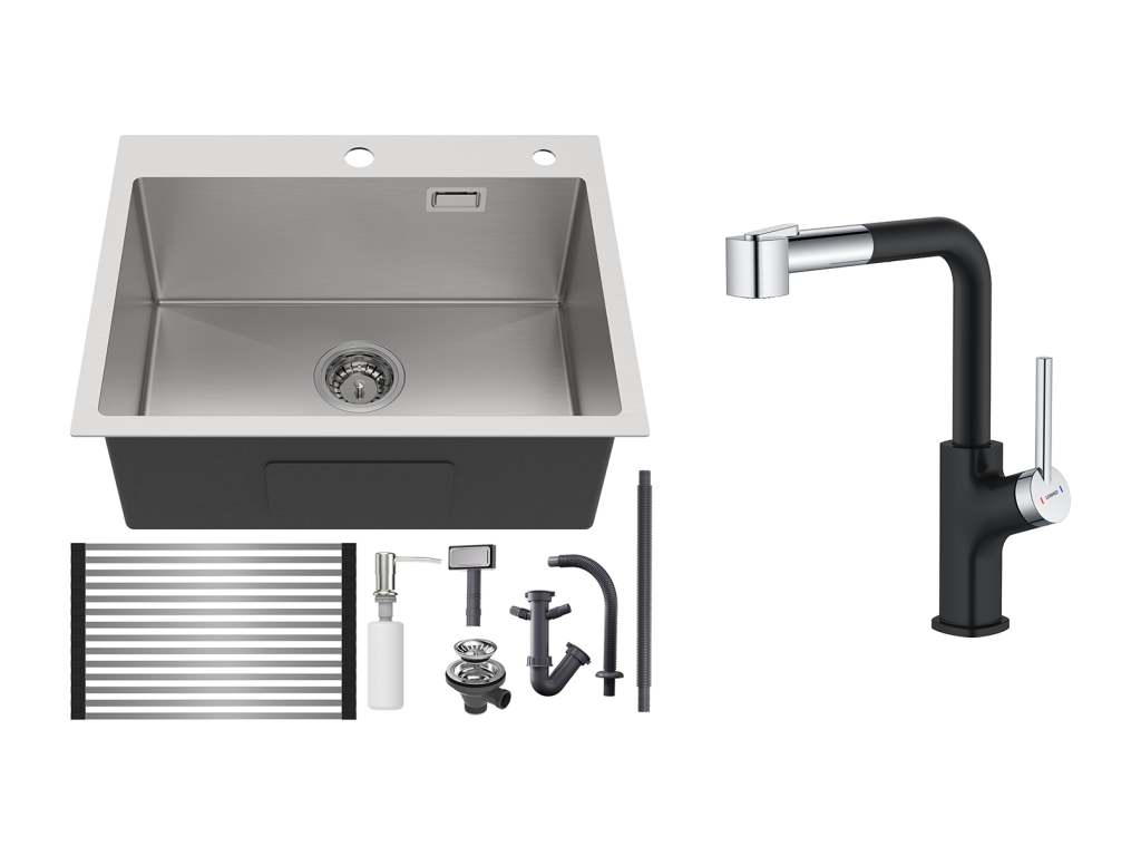 Fregadero Cocina 1 Bandeja Cepillado,58*45*18CM, Escurridor Enrollable,Dispensador Jabón+Grifo de Cocina Inox Extragible Rotativo 360 °,Negro