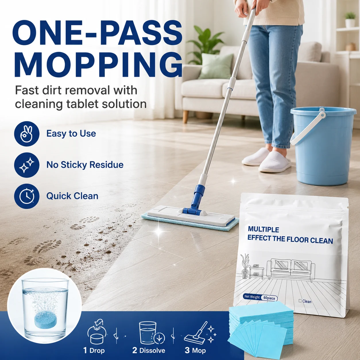 Multi-Effect Floor Cleaning Tablets, Fast Dissolving, No-Rinse Formula for Hardwood, Tile & All Floor Types