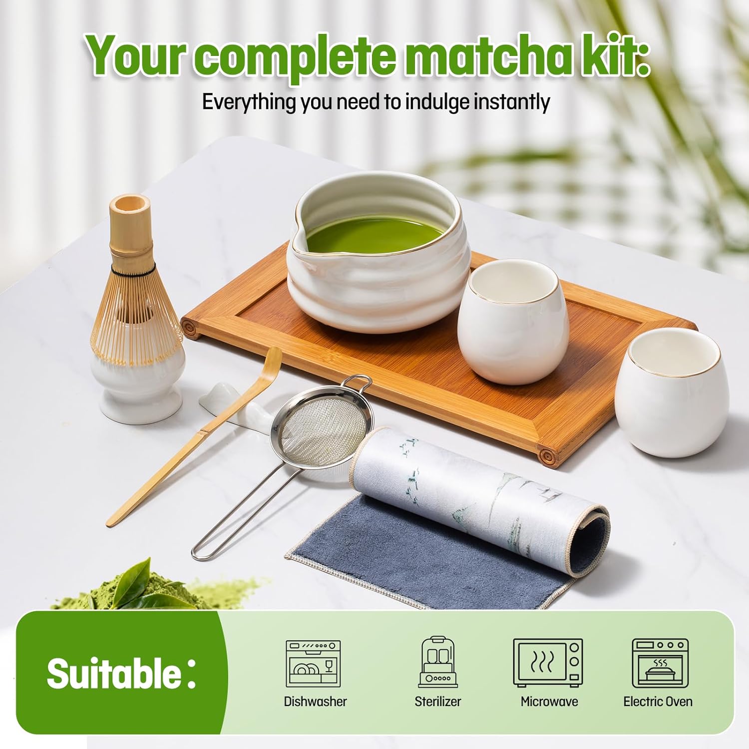 9-Piece Japanese Matcha Set, 18oz Ceramic Bowl with 2 Gold-Inlaid Cups, Handcrafted Bamboo Whisk, Sifter & Whisk Holder, Authentic Matcha Tea Making Kit for Beginners & Tea Lovers, Gift Box (White)