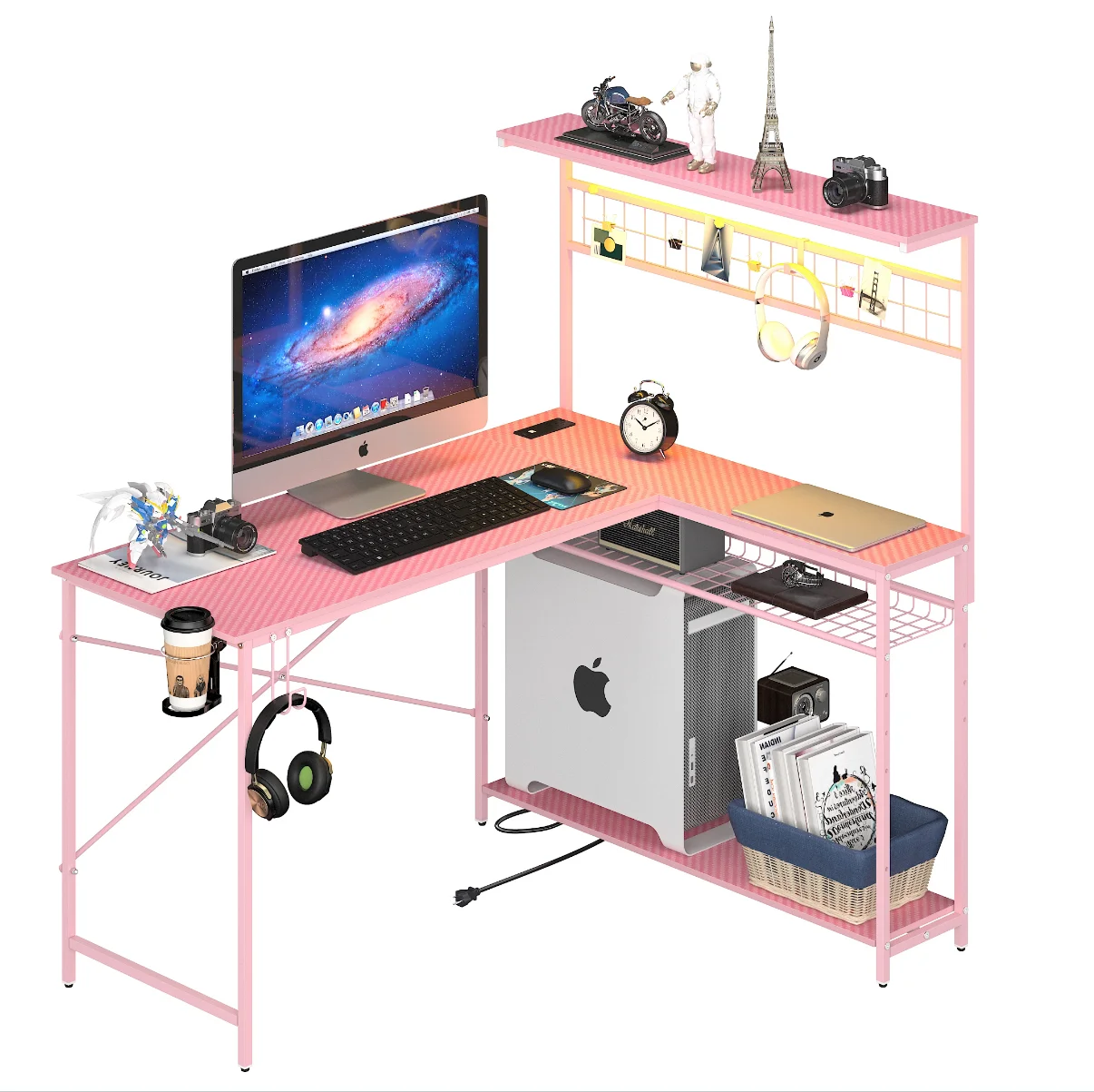 Bestier 51 L Shaped Gaming Desk with Power Outlets & LED Light, Computer Desk with 4 Tiers Shelves for Home Office, Reversible Gamer Table with Hooks and Cup Holder, Carbon Fiber - Image 37