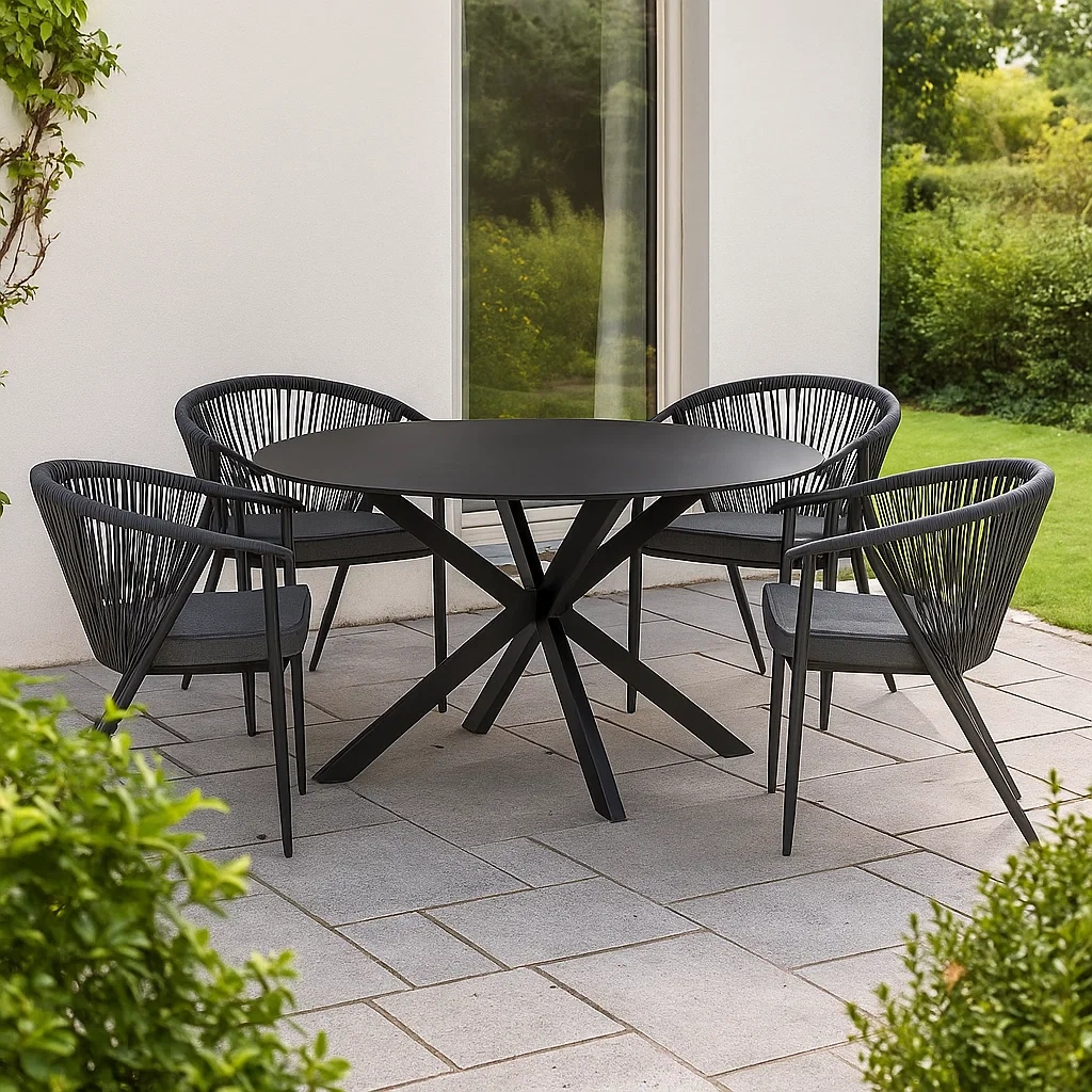 Conjunto de comedor de jardín para 4 personas, mesa redonda y sillas con cuerda trenzada y cojines, estructura metálica, color negro - iLLVozi181RE
