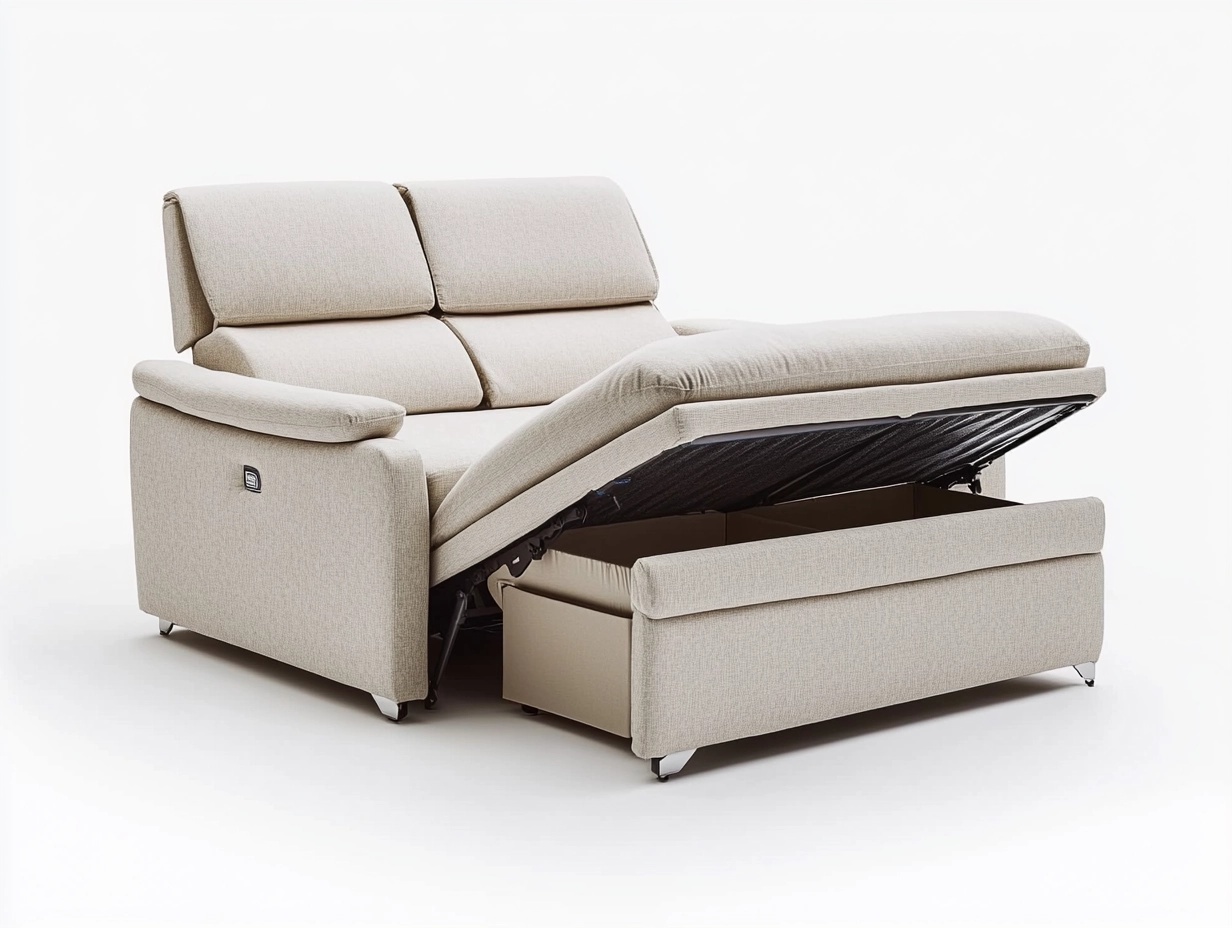 Sofá Cama Reclinable con Almacenamiento 2 Plazas Tela Poliéster Beige