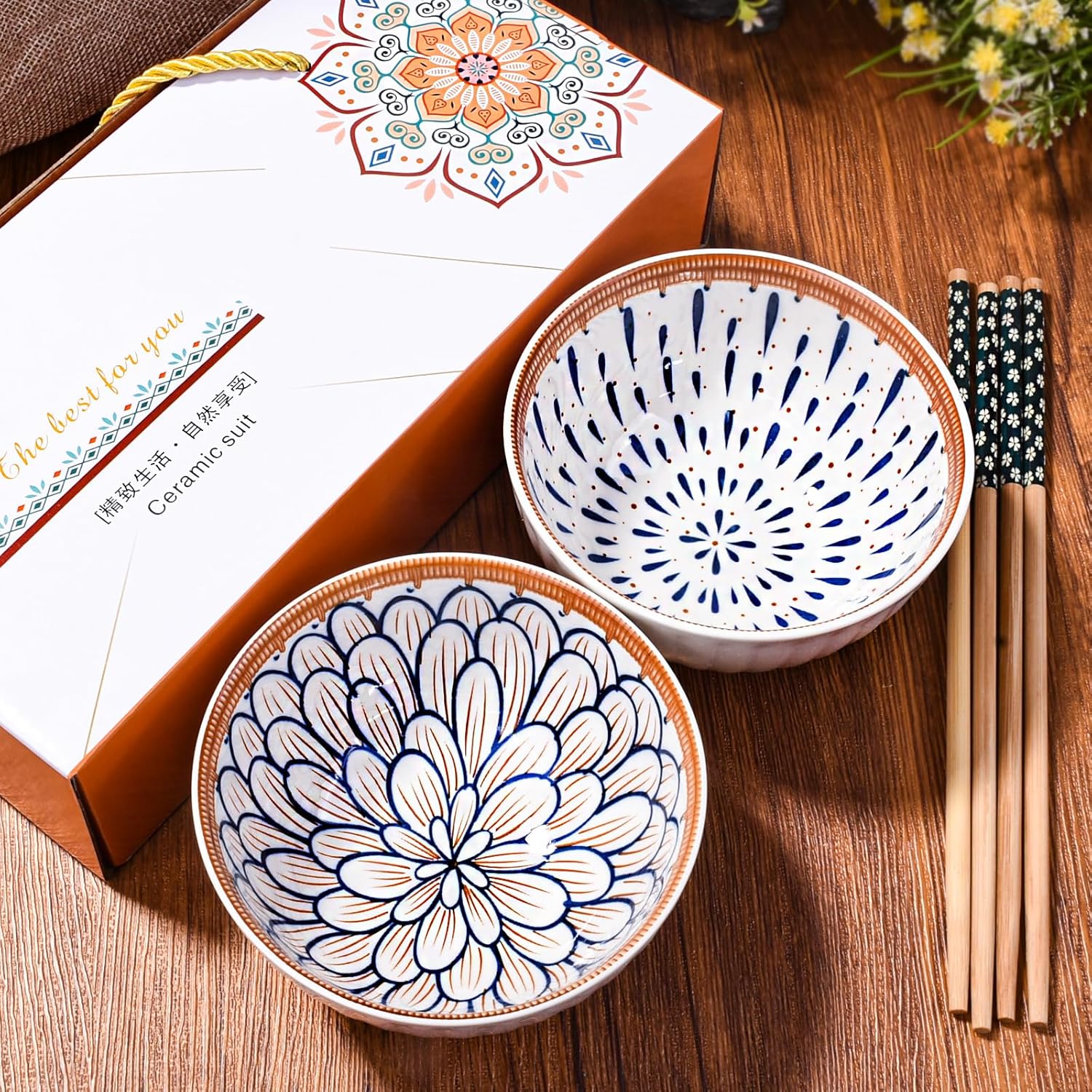 Japanese Ceramic Rice Bowl Set of 2 with Chopsticks, Small Porcelain Bowls for Soup, Grains, Snacks & Side Dishes,Dishwasher & Microwave Safe