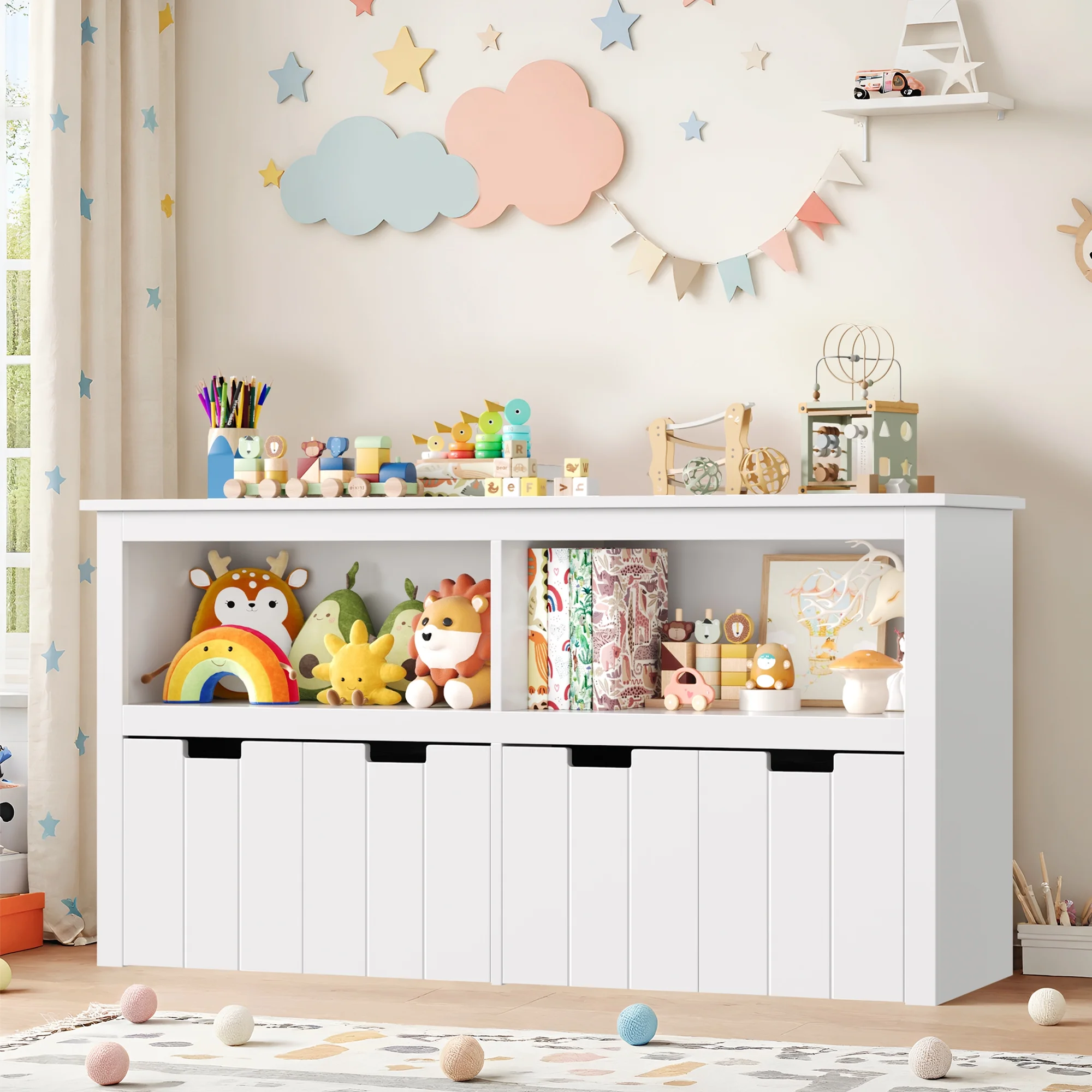 Homfa Kids Toy Storage with 4 Drawers, Cubes Storage Bin with Shelves and Wheels for Kids Living Room, White - Image 7