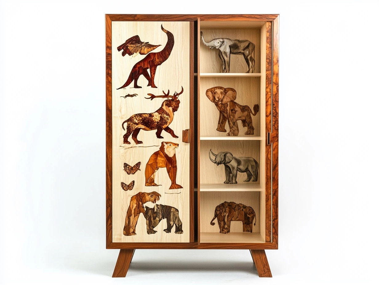 Armario de madera natural con ilustraciones talladas estilo nórdico ideal para dormitorio infantil 180x80x40 cm OX8806365