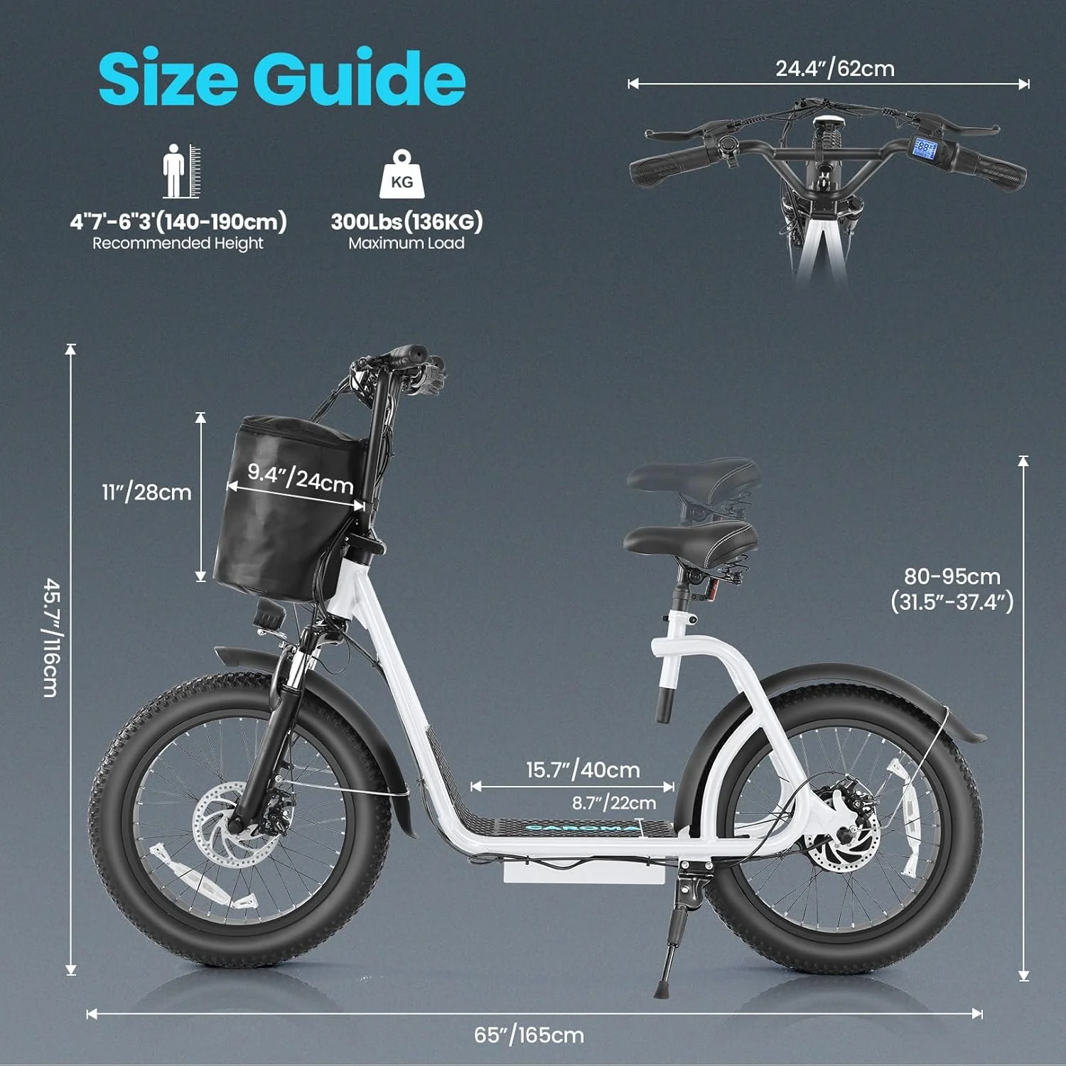 Caroma Peak 800W Foldable Adult Electric Scooter with 20-inch Wide Tires, 48V Battery, Basket, and Adjustable Seat