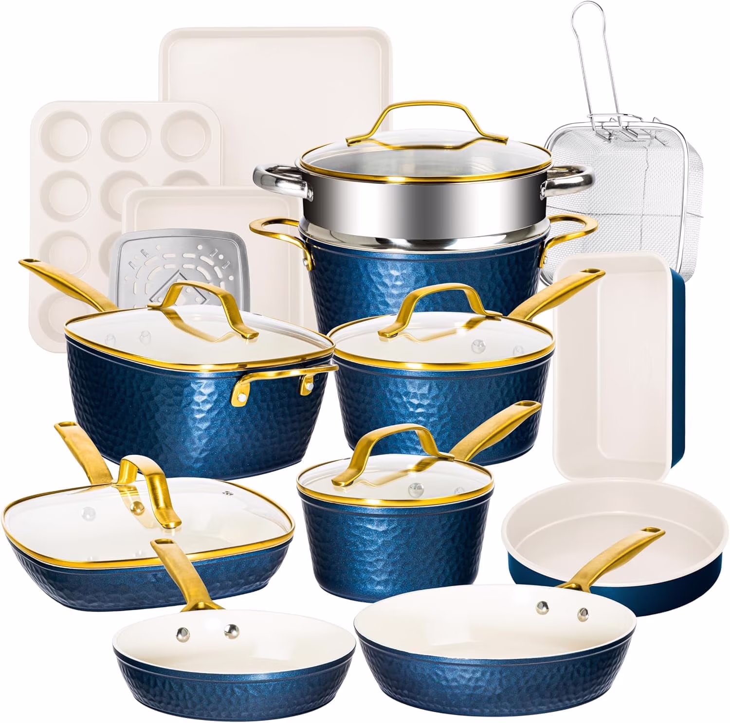 Gotham Steel Hammered 20 Pc Ceramic Cookware Set Nonstick, Induction Pots and Pans Set, Non Toxic Cookware Sets, Oven & Dishwasher Safe - Copper