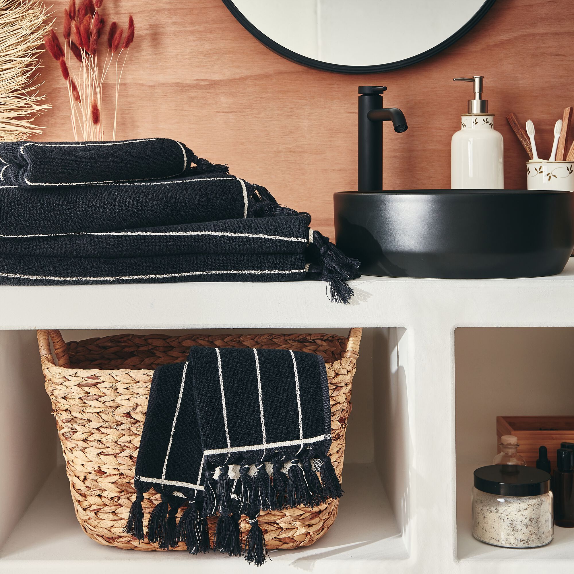 PISELLI - Serviette de toilette rayée en coton 50x100cm - noir