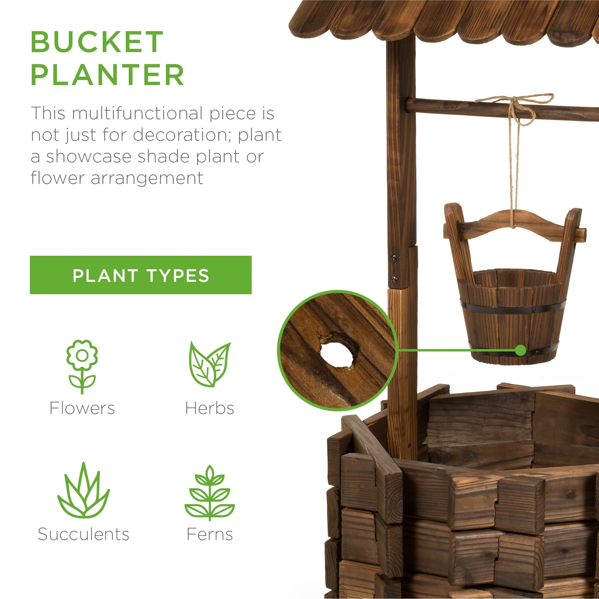 Best Choice Products Rustic Wooden Wishing Well Planter Outdoor Home Decor for Patio, Garden, Yard w/ Hanging Bucket - Image 3