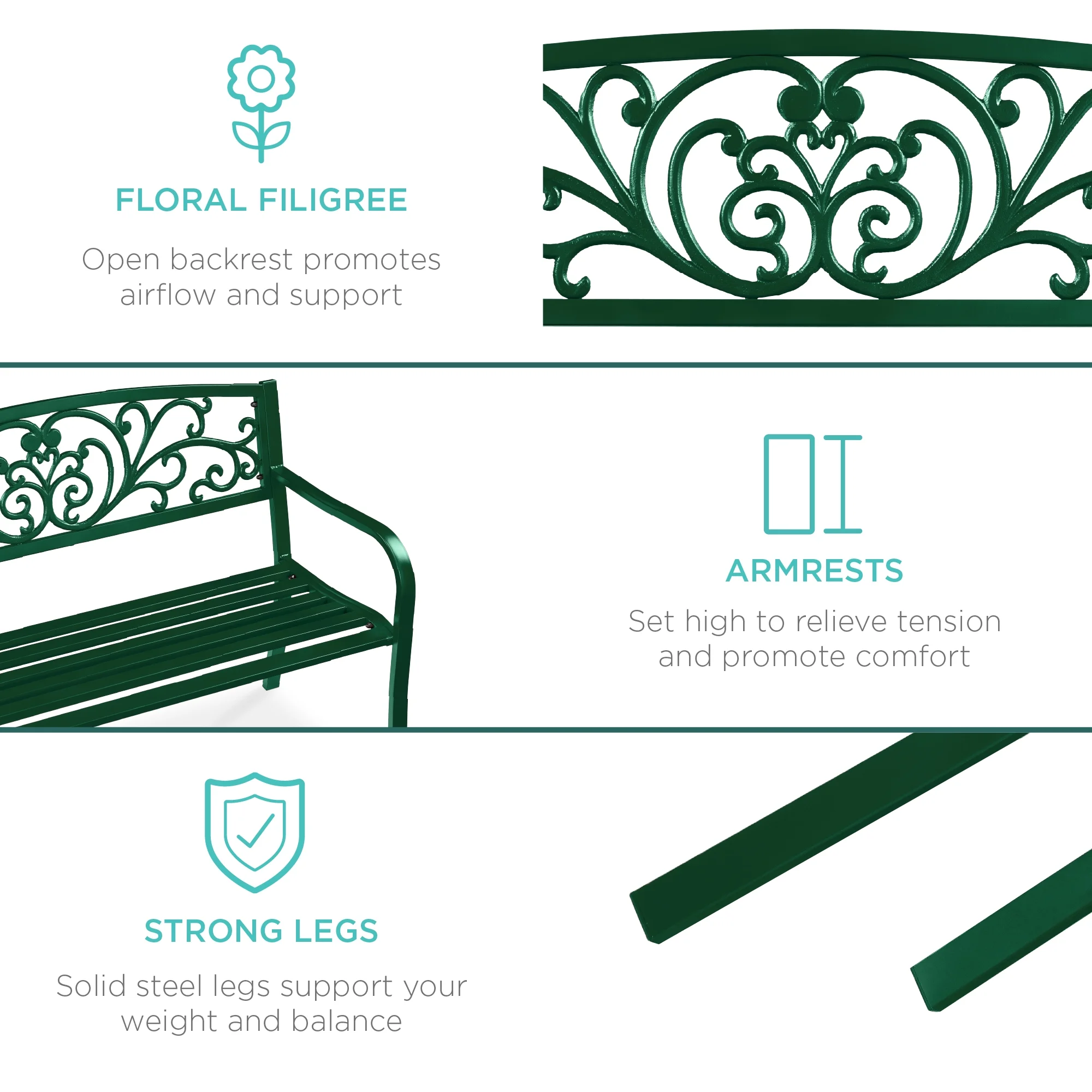 Best Choice Products Outdoor Steel Bench Garden Patio Porch Furniture w/ Floral Design Backrest - Black - Image 44