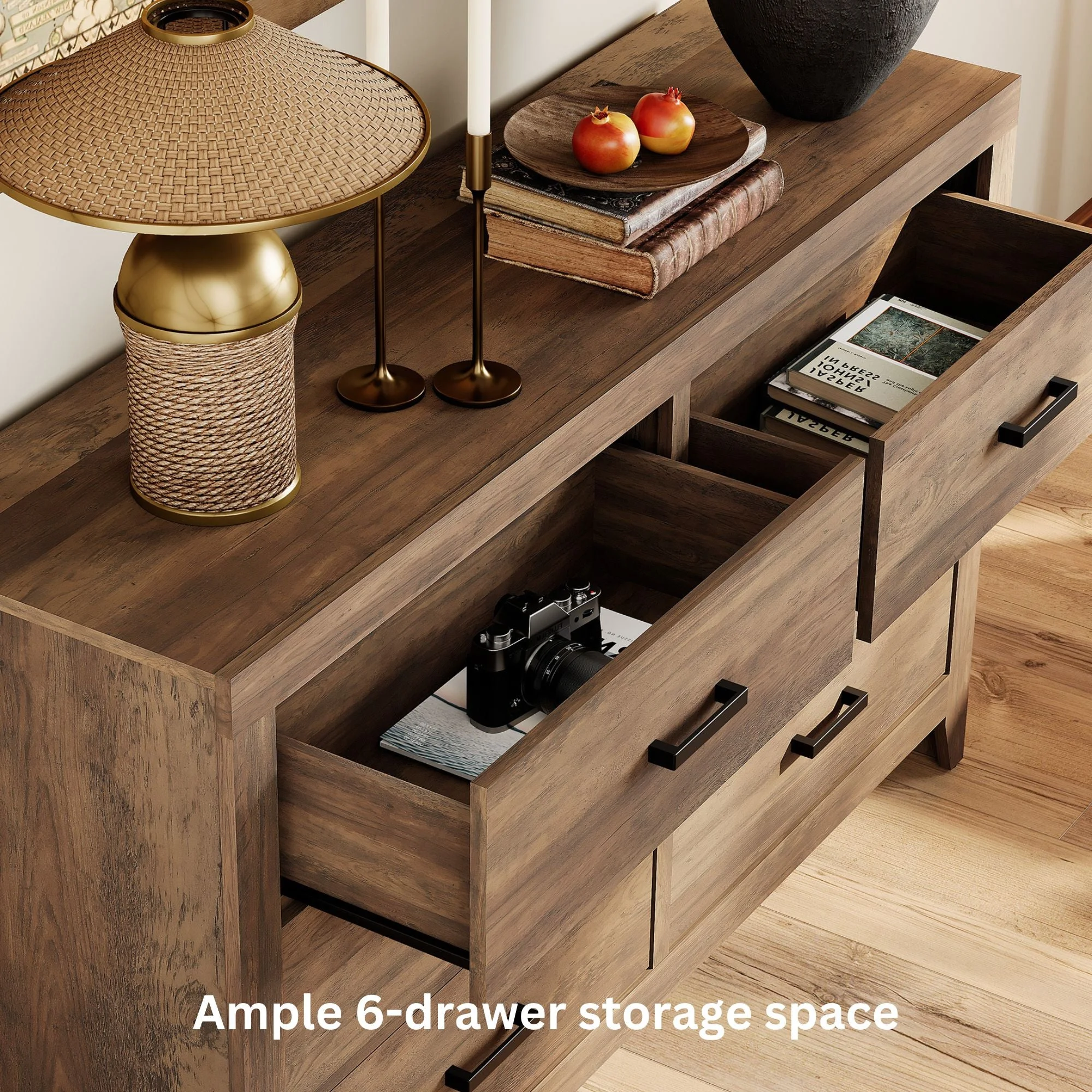 WAMPAT Dresser for Bedroom with 6 Drawers, Kids Dressers with Wide Chest of Drawers, Mid Century Modern Wooden Closet Storage Organizer, Large Wood Dresser for Living Room, Nursery, Brown - Image 4