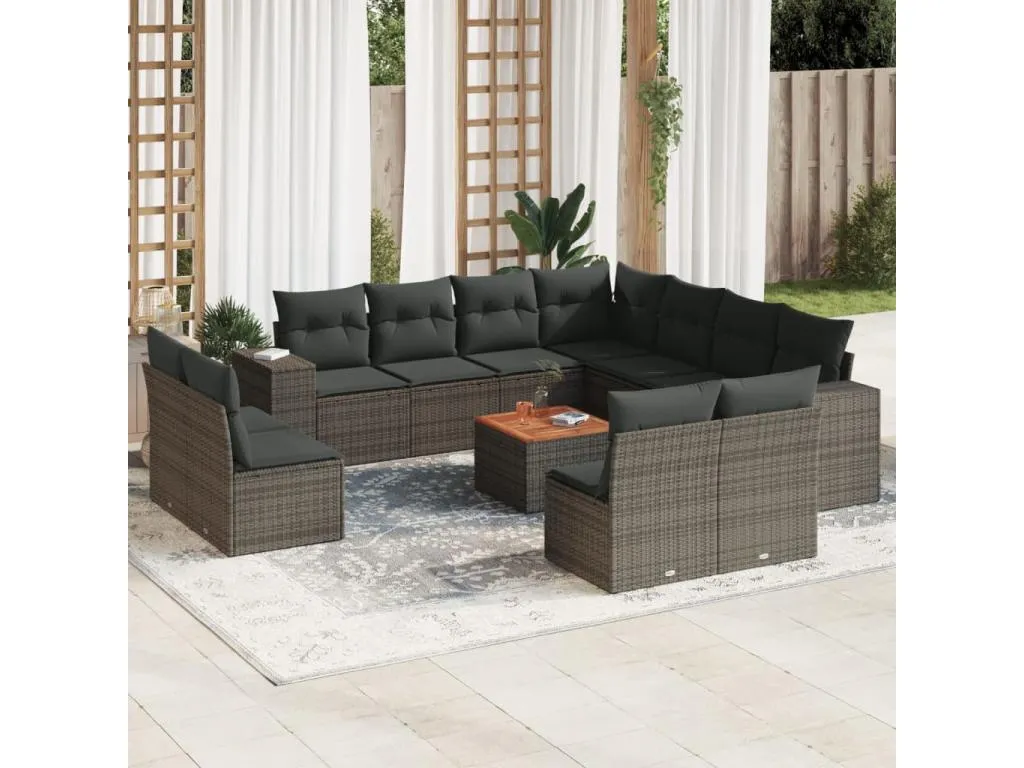 Set de sofás de jardín 12 pzas con cojines ratán sintético gris