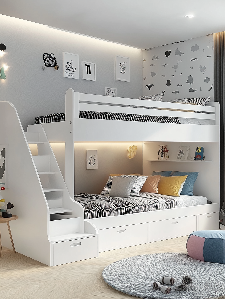 Cama litera de metal blanca de metal con láminas para dormitorio infantil,200x165x97 cm