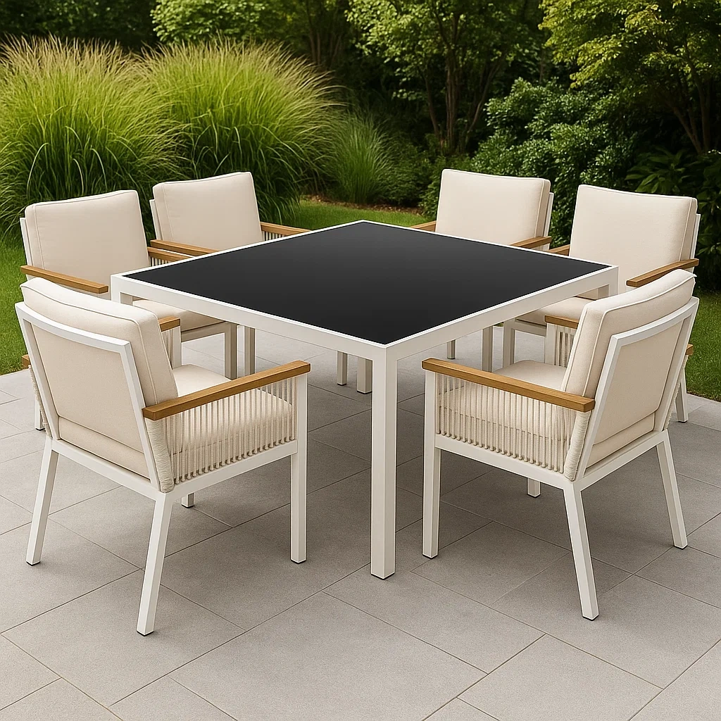 Conjunto de comedor de jardín 6 plazas, Mesa y 6 sillas, estructura de aluminio, negro - YyVjPZs198fS