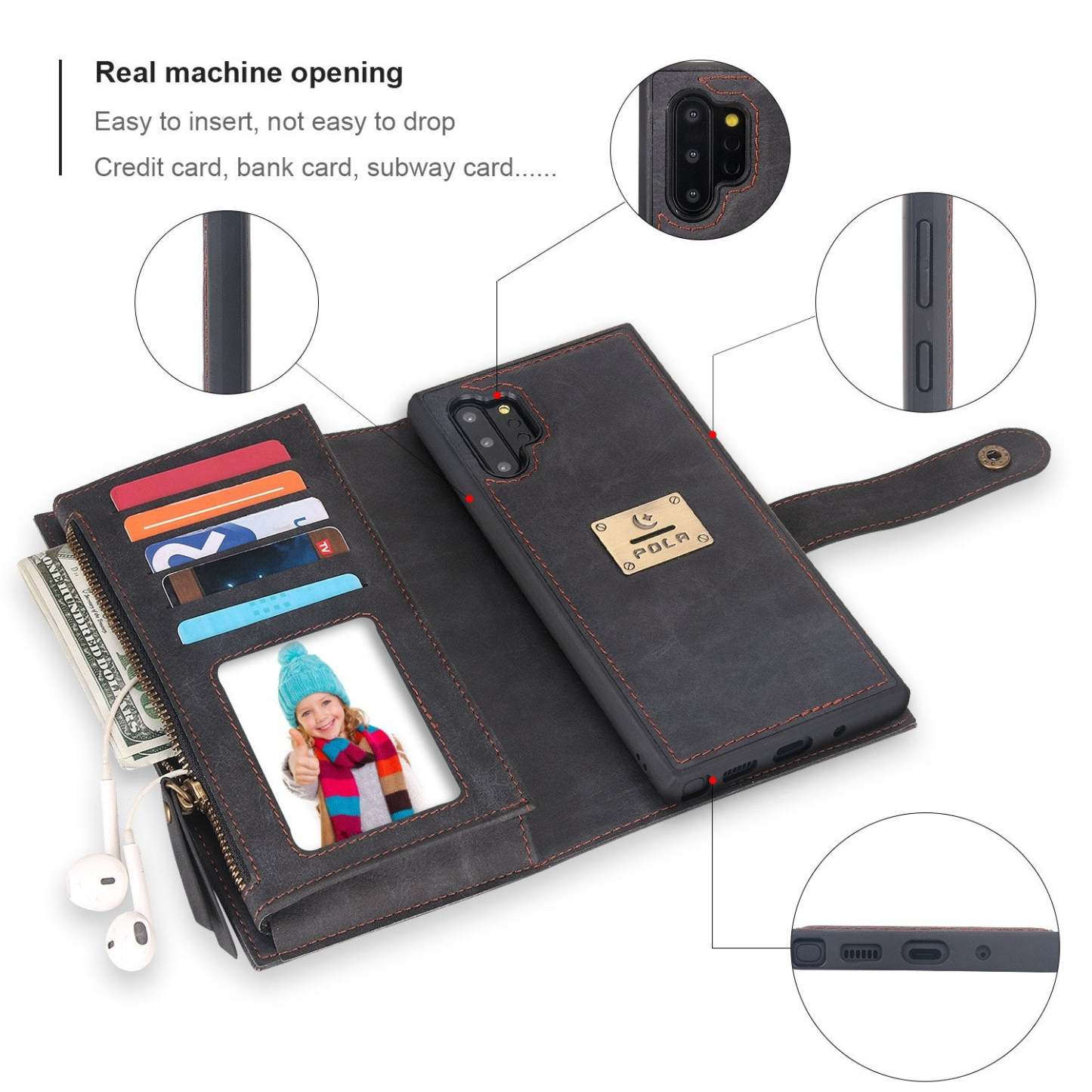 POLA Samsung Wallet Case , Leather Zipper Purse Detachable Magnetic 10 Card Slots Money Pocket Clutch Protection Back Cases Cover