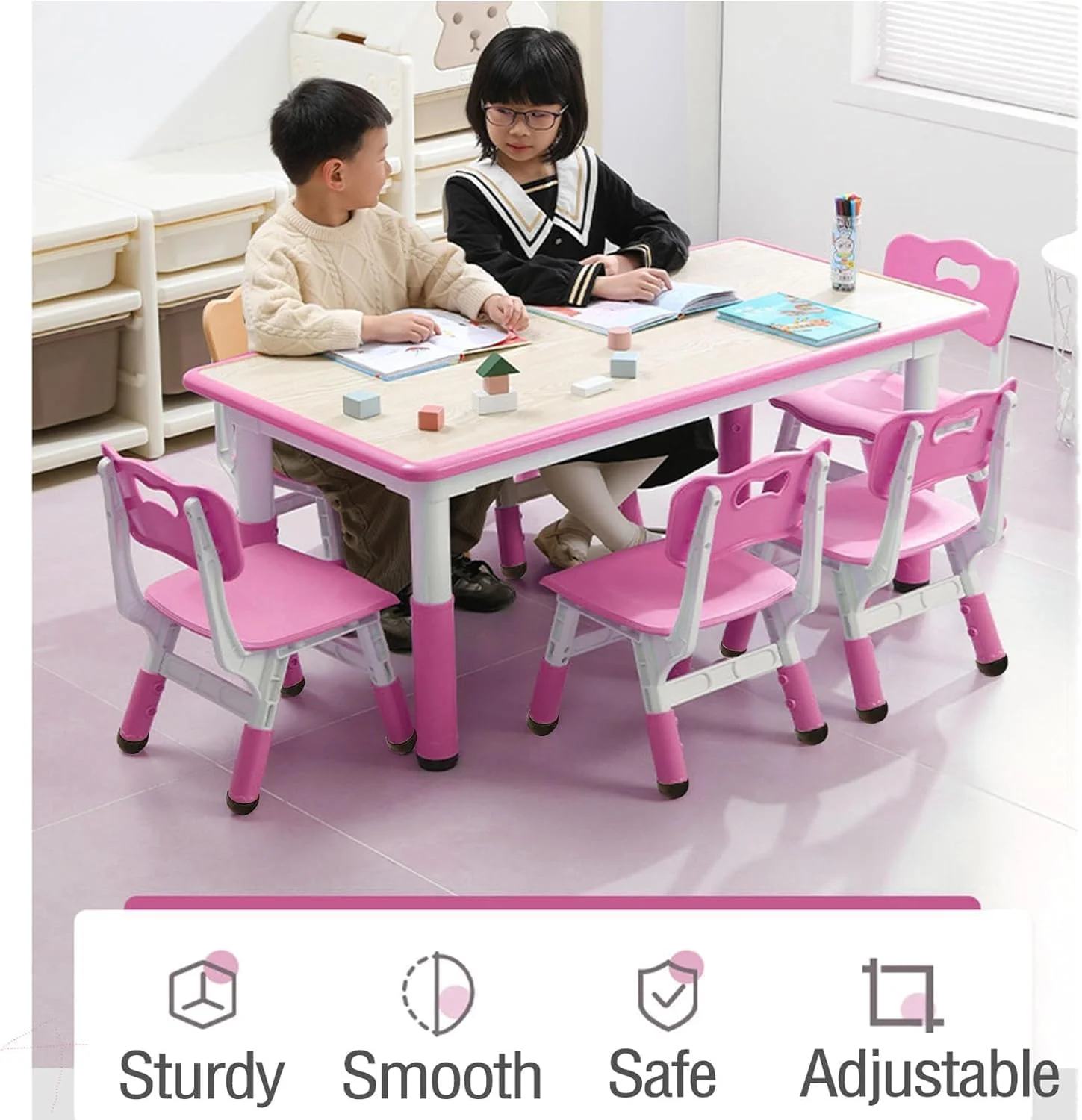 TROPOW Kids Table and Chairs,Height Adjustable Toddler Table and 6 Chair,Multi-Activity Table with Graffiti Desktop Non-Slip Legs for Ages 2-10,Children Activity Table for Daycare,Classroom,Blue - Image 20