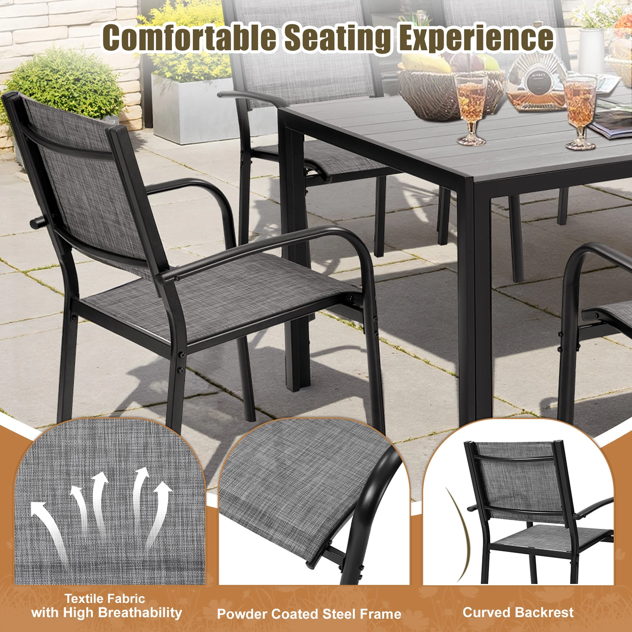 7 Piece Outdoor Dining Set, Patio Dining Table Set for 6 Persons, Garden Patio Textilene Dining Furniture Set with Plastic-Wood Tabletop, Dining Table Chairs Conversation Set for Deck Patio - Image 31
