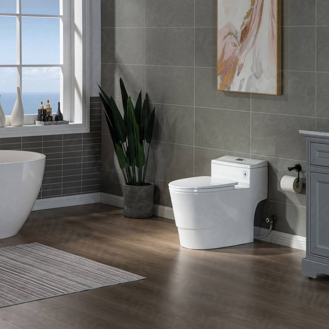 Woodbridge 1-Piece 1.28 GPF Conserver High Efficiency Dual Flush All-in-One Toilet with Soft Closed Seat Included in White