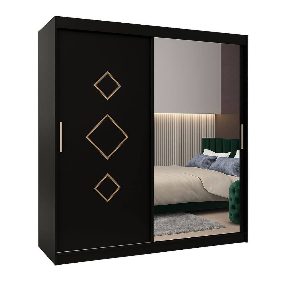 Armario Deslizante Moderno con Espejo y Detalles Dorados, Diseño Elegante para Dormitorios, Madera y Espejo, 180x210 cm, Color Negro