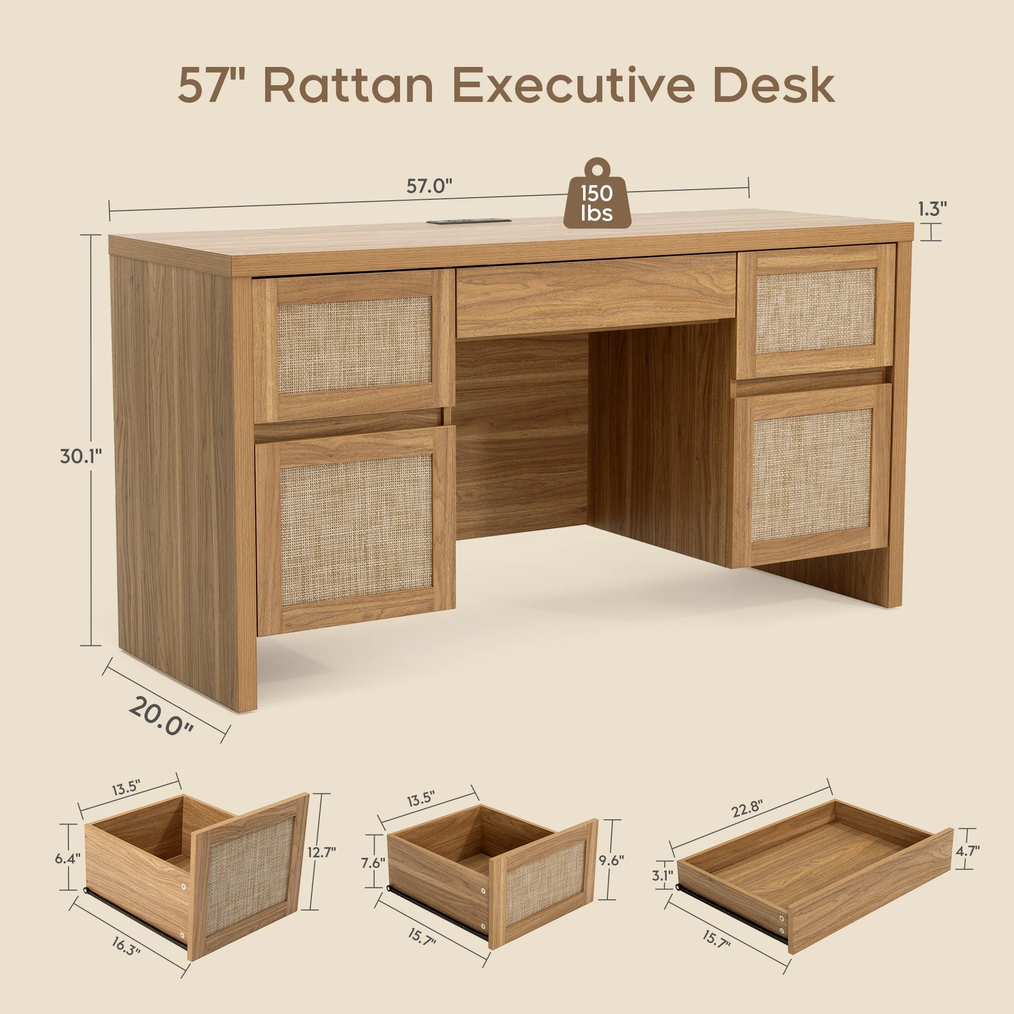 Brafab Home Office Desk with Charging Station, 5-Drawer Executive Desk with Rattan Front, Modern Farmhouse Computer Writing Desk, Built-in USB/Type-C Ports & Outlets - Image 7