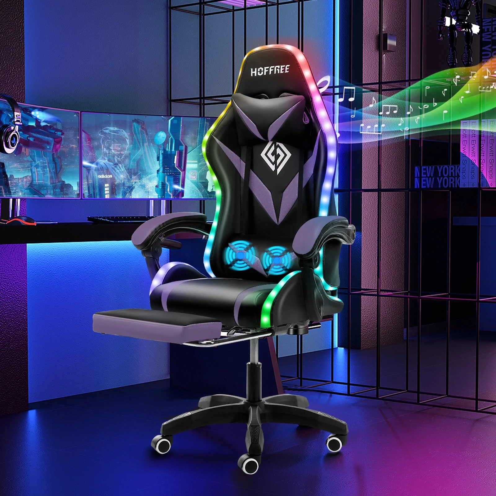 Hoffree Gaming Chair with Speakers PU Leather Office Chair with Footrest and LED Lights Ergonomic Gamer Chair with Massage Lumbar Support and Headrest Adjustable Swivel for Home Office 300lb - Image 49