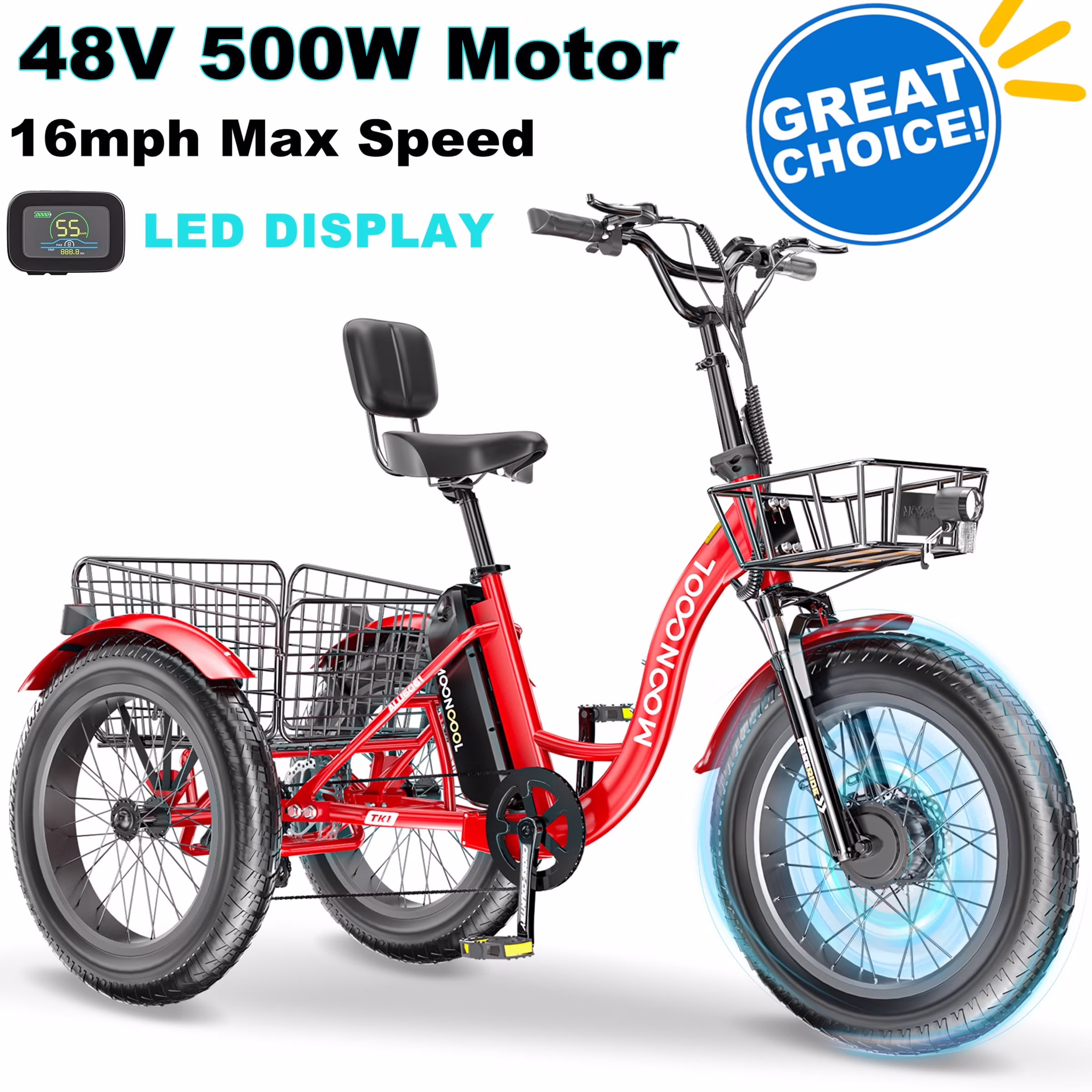 20" x 4" Fat Tire Electric Tricycle for Adult, 7 Speeds Electric Trike 48V 500W Motorized Tricycle , Electric Three Wheels Bicycle for Senior, Aluminum Frame & Rear Basket ,16mph - Image 7