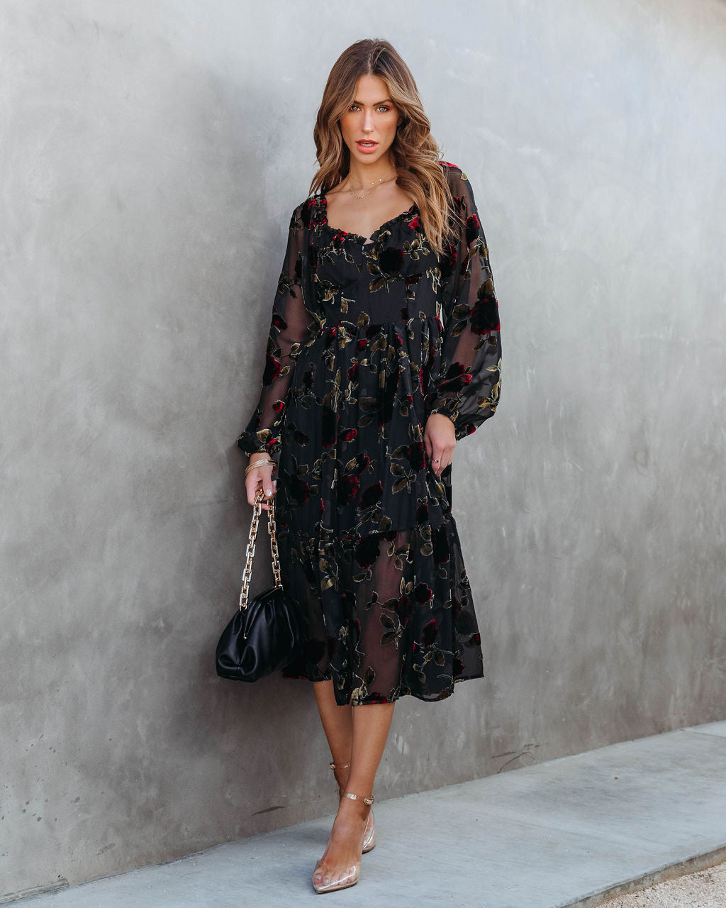 Never Forget Me Floral Burnout Velvet Midi Dress - Black - Se7enfashion