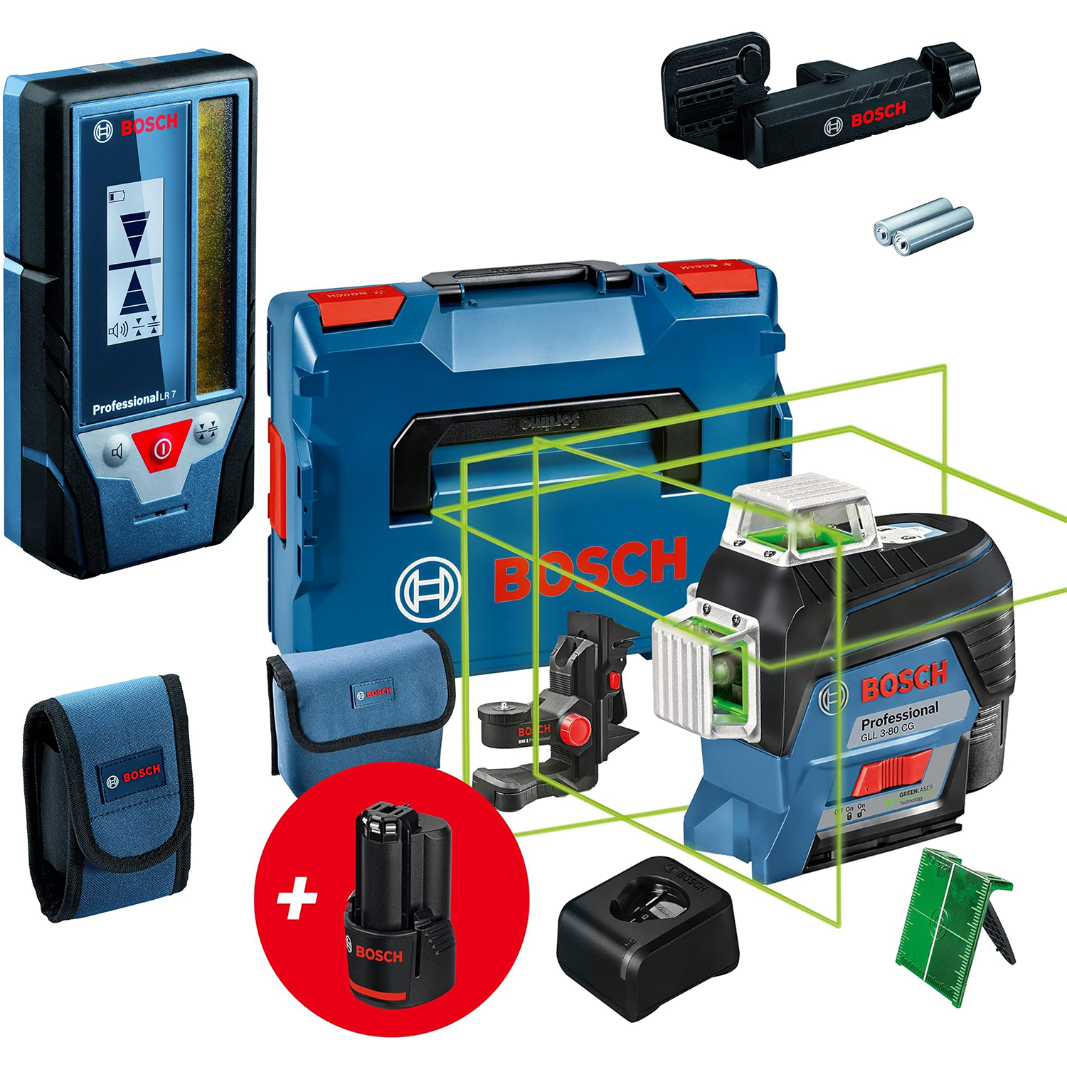 Bosch Professional 12V System Laser Lignes GLL 3-80 CG – Cellule de Réception LR 7 (Faisceau Rouge et Vert, 2 Piles 1,5 V AAA, Portée : 5-50 m, Housse de Protection)
