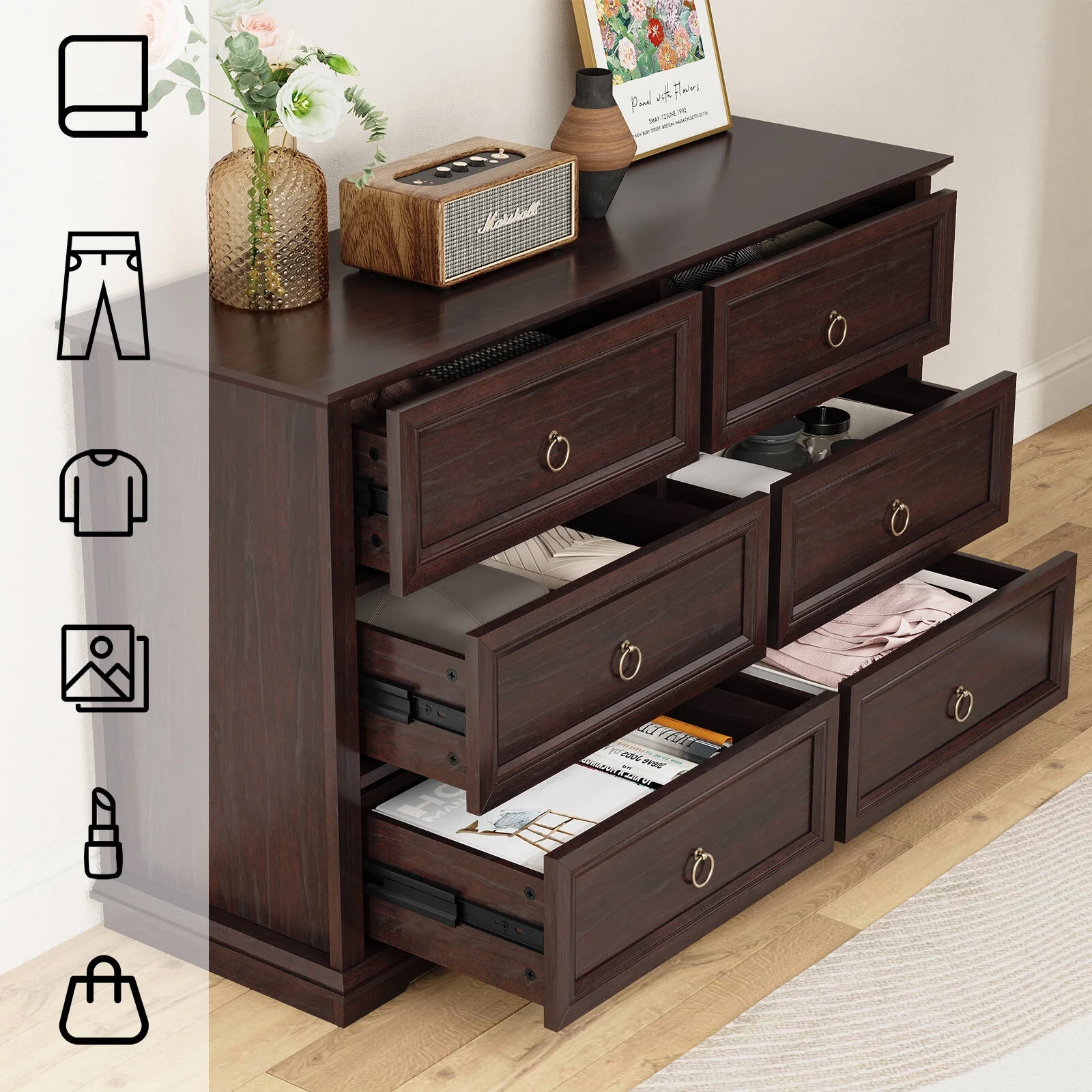 FAGAGA 6 Drawers Dresser for Living Room,Storage Cabinet Wooden Dressers Organizer for Bedroom,White - Image 13