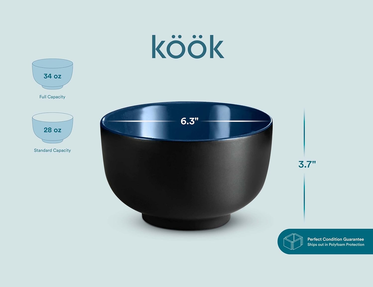 KooK Ramen Bowl, Japanese Bowls, Noodle Bowls, Large Soup Bowl, Ceramic, Large Capacity, For Ramen, Pho, Udon, Soba, Microwave and Dishwasher Safe, 34 oz, Set of 4 (Black/Navy)