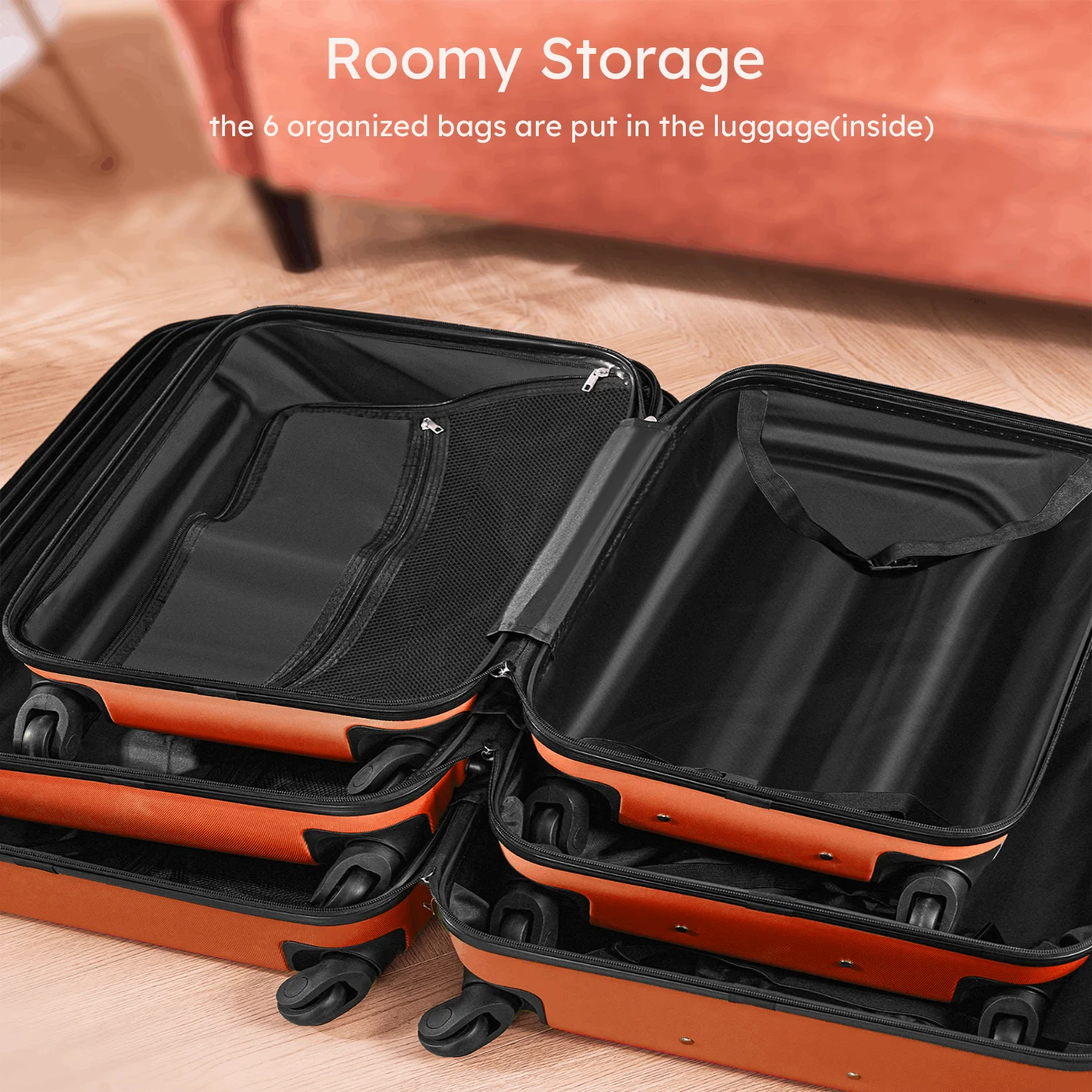 9 Piece Luggage Sets, Hard 20 24 28 inch Luggage with 6 Pieces Organize Bags Travel Suitcases Sets with Wheels, Rose - Image 32