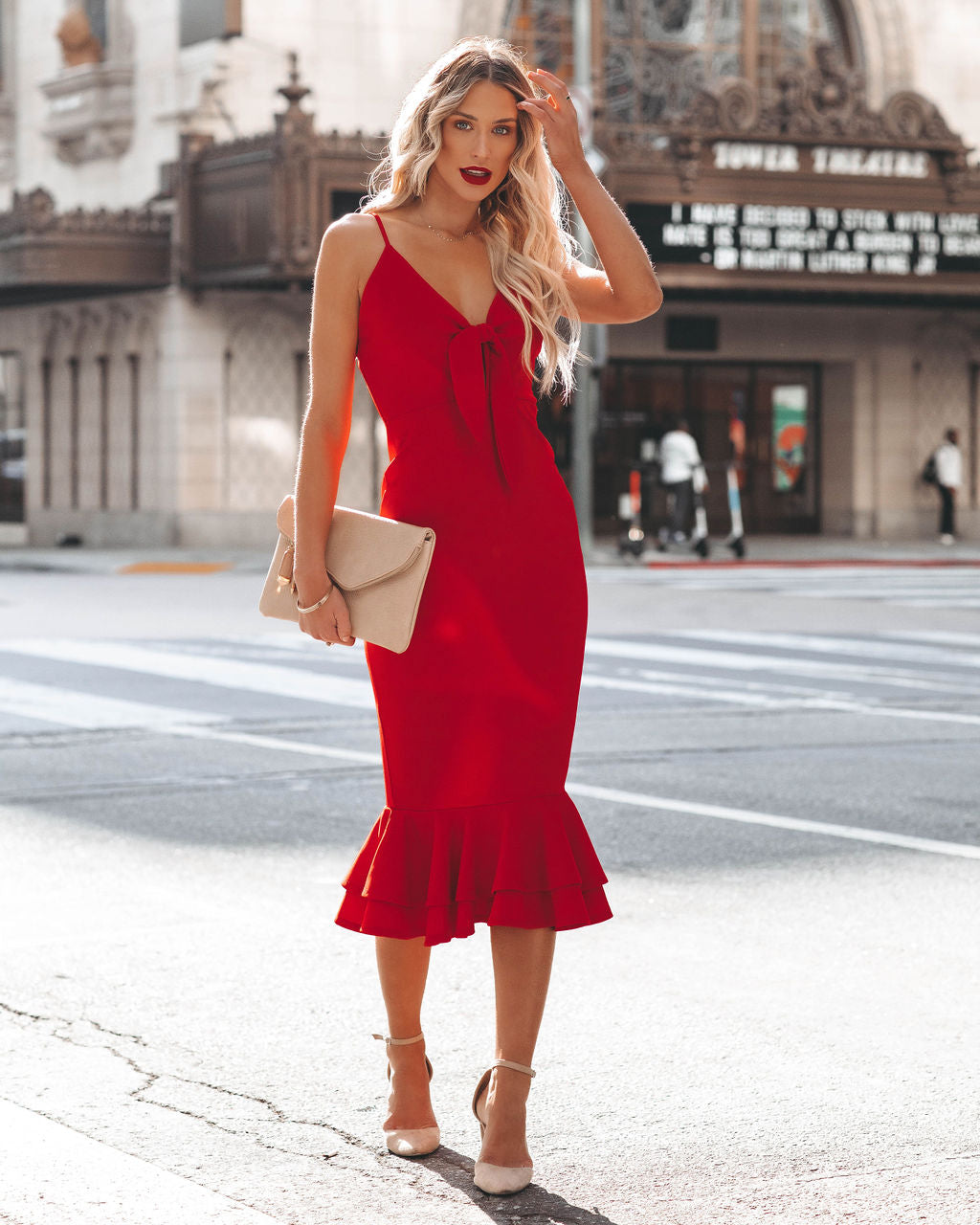 Impeccable Tie Front Ruffle Midi Dress - Red - Se7enfashion