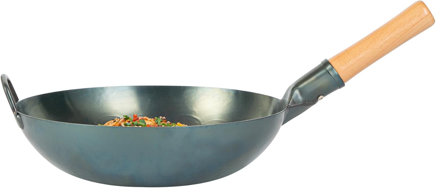 Restaurantware Carbon Steel Wok 1 Pack of 12 Inch Heavy-Duty Stir Fry Pan Blue Hand Hammered Wok Efficient Maneuvering Steel Helper Handle Uniform Heat Distribution Asian Cooking