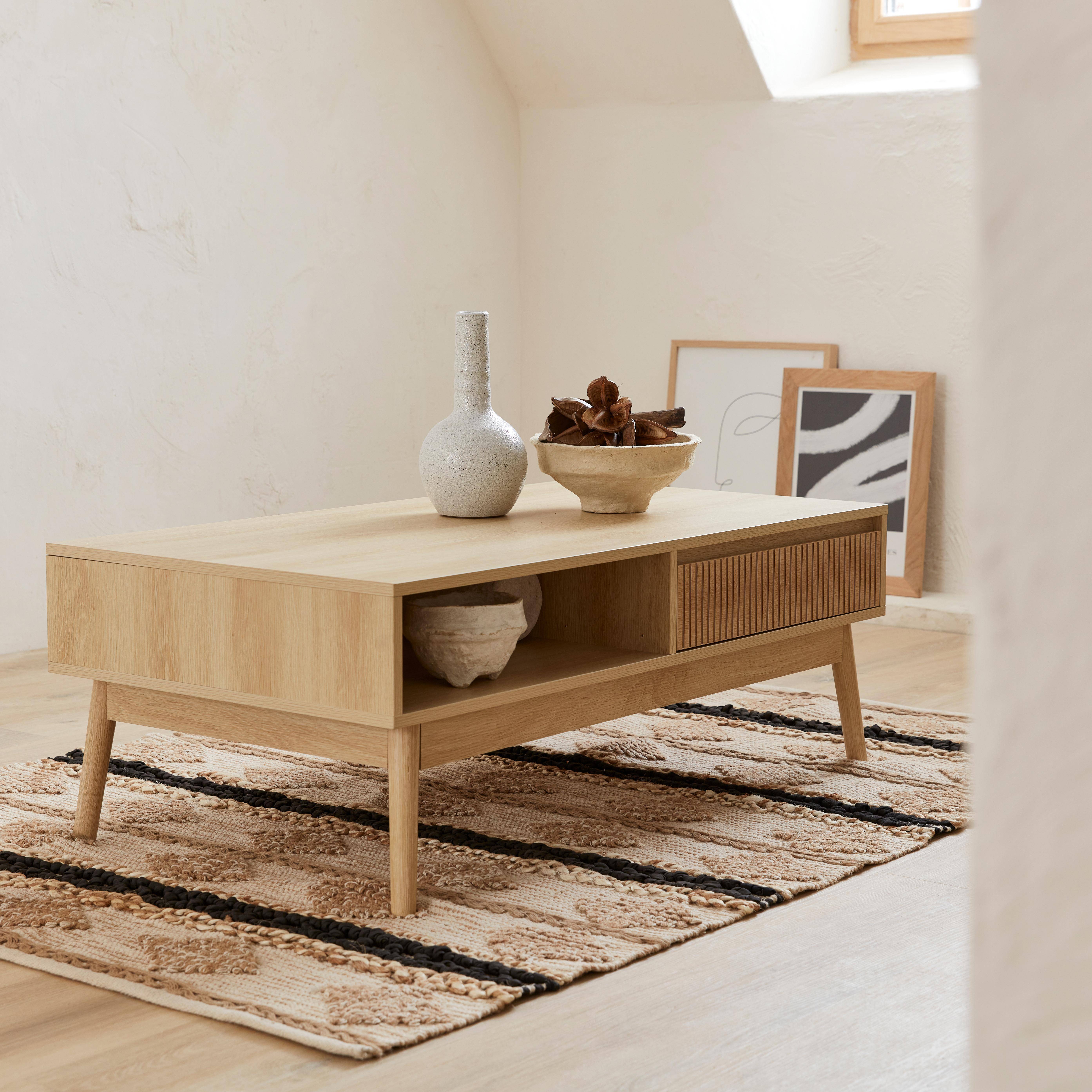 Linear - Mesa de centro con decoración de madera, 1 cajón