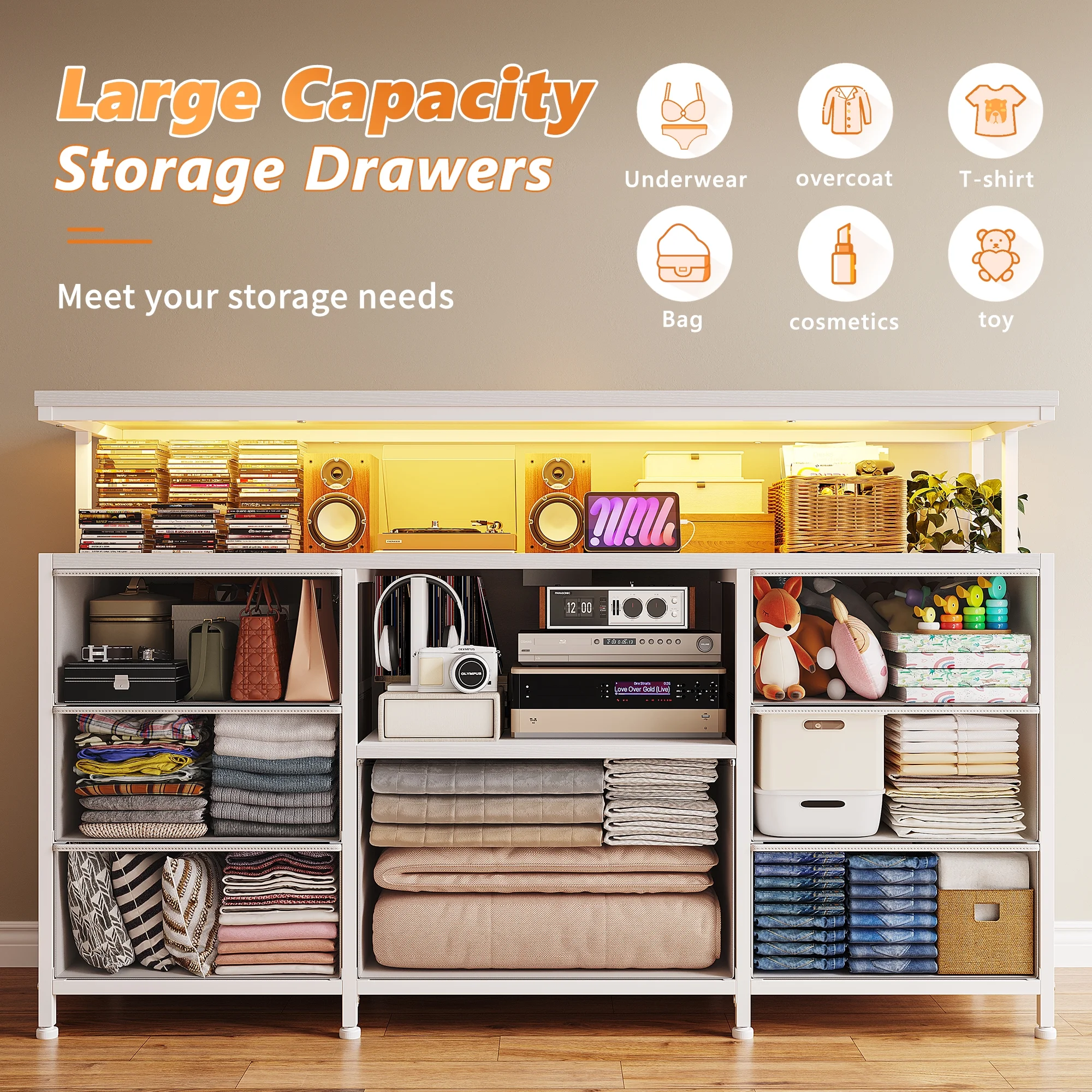 EnHomee Dressers for bedroom TV Stand with Power Outlets &LED Lights Wide Dresser with 10 Drawers&Side Pockets & Hook Fabric Chest of Drawers,Black - Image 22