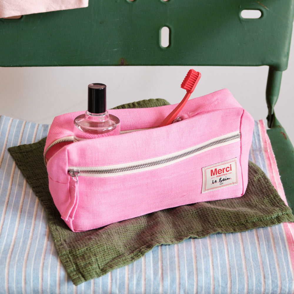 Trousse de toilette en lin lavé - Rose Garance