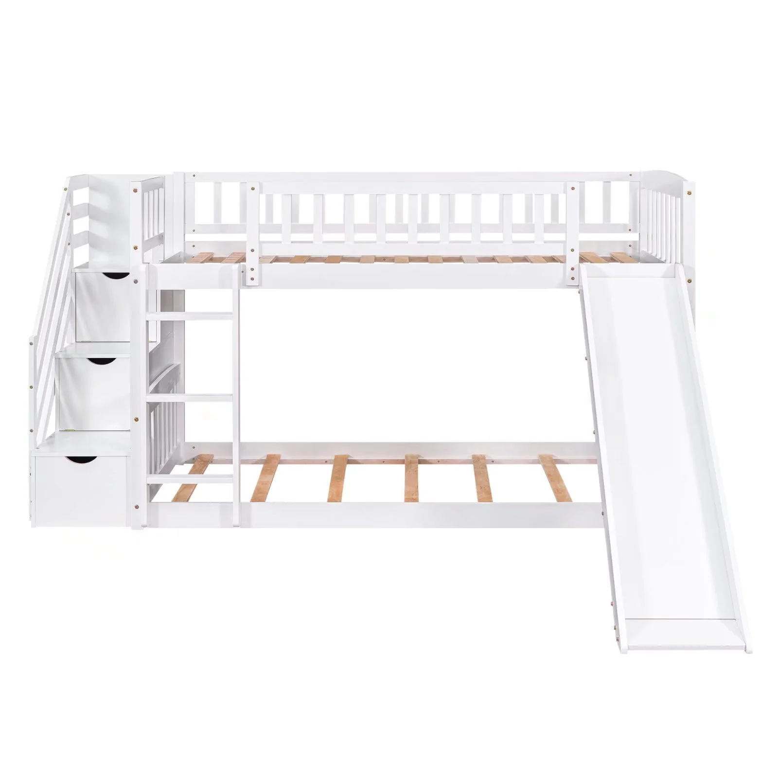 Stairway Bunk Beds Twin over Twin, Wooden Bunk Bed Frame with Kids Slide and Storage Staircase, 2-in-1 Storage Beds Frame with Ladder and Safety Guardrails for Boys Girls Bedroom, White - Image 5