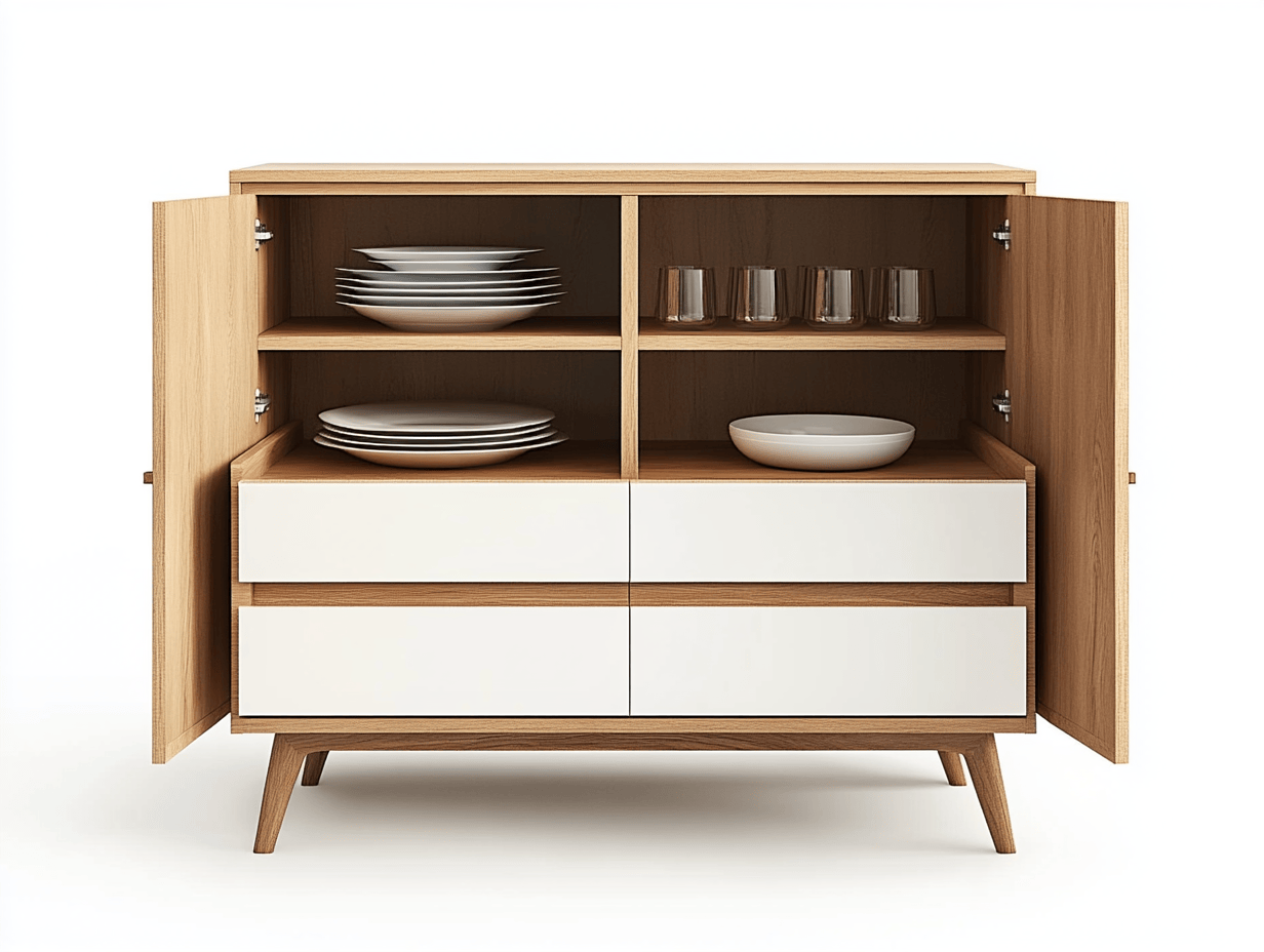 Armario de madera de roble con frentes blancos ideal para comedor con almacenamiento funcional